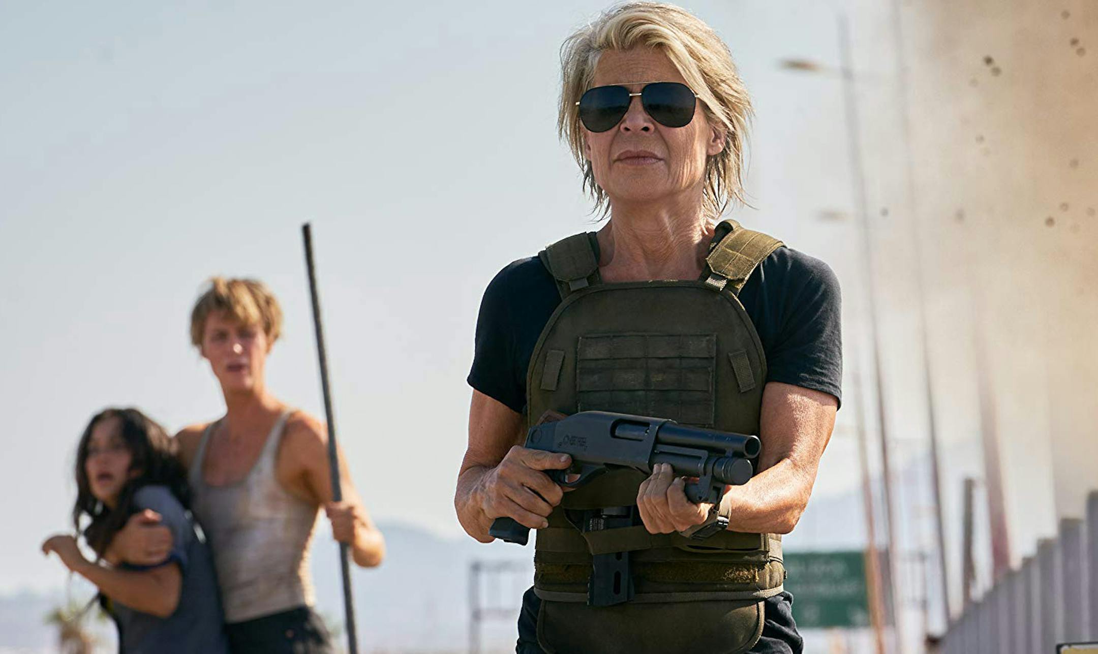 Linda Hamilton in "Terminator: Dark Fate." In the background are Natalia Reyes and Mackenzie Davis. (Paramount Pictures) ORG XMIT: 1469326