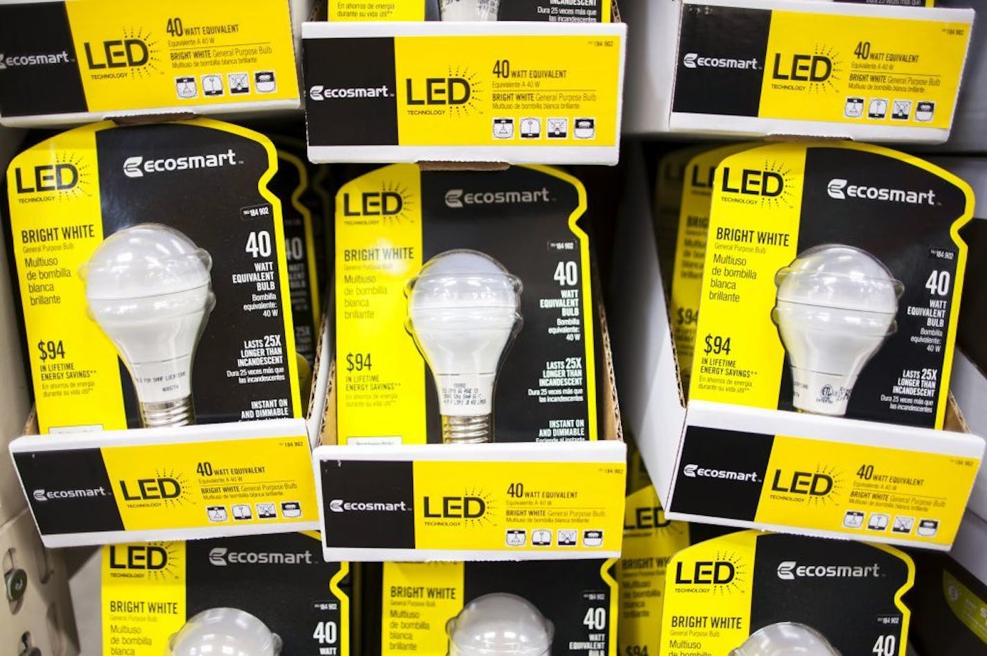 EcoSmart LED light bulbs at a Home Depot in Vauxhall, N.J., Jan. 17, 2013. Consumers are buying more LEDs as they realize the long-term savings; but over time the bulbs will result in fewer sales, making the race for market share all the more urgent.