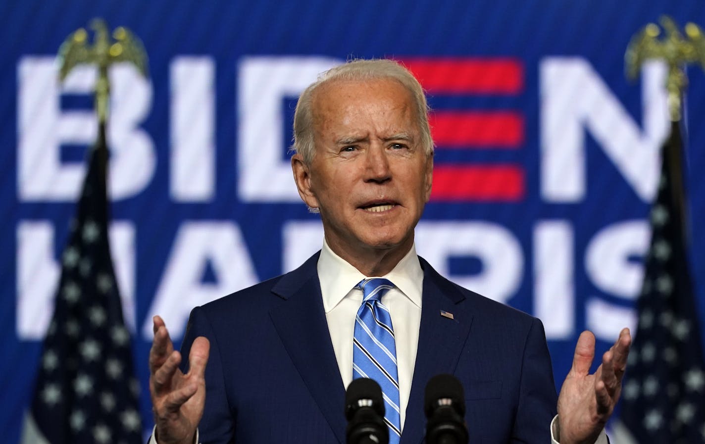 Democratic presidential candidate former Vice President Joe Biden speaks Wednesday, Nov. 4, 2020, in Wilmington, Del.