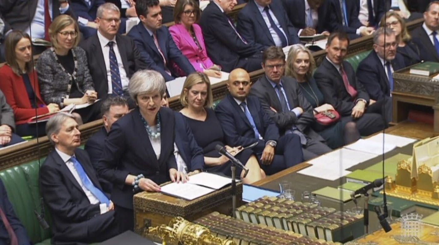 In this grab taken from video, Britain's Prime Minister Theresa May makes a statement in the House of Commons, in London, Monday, Dec. 10, 2018. May has postponed Parliament's vote on her European Union divorce deal to avoid a shattering defeat _ a decision that throws her Brexit plans into chaos.