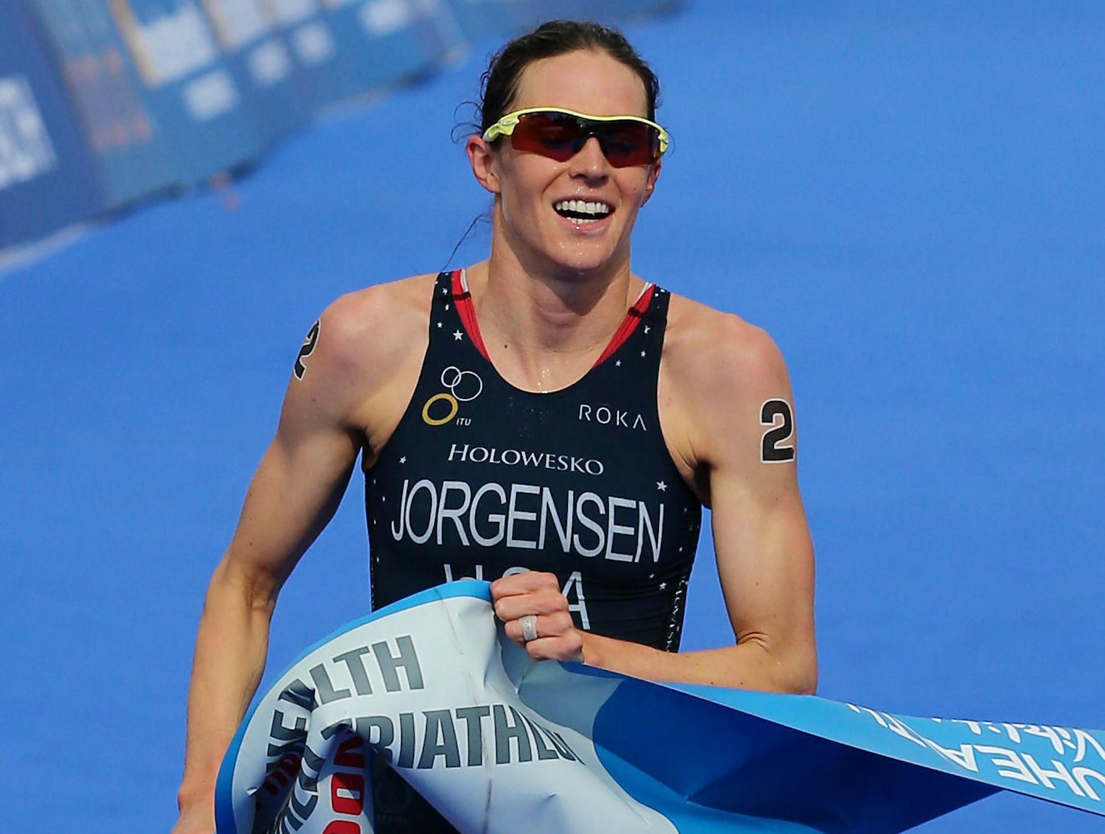 Triathlon - ITU World Series - PruHealth World Triathlon - London. The USA's Gwen Jorgensen crosses the finish line to win the Women's Elite Race during the PruHealth World Triathlon in London. Picture date: Saturday May 31, 2014. Photo credit should read: Gareth Fuller/PA Wire URN:19979025 (Press Association via AP Images) ORG XMIT: NYWWP
