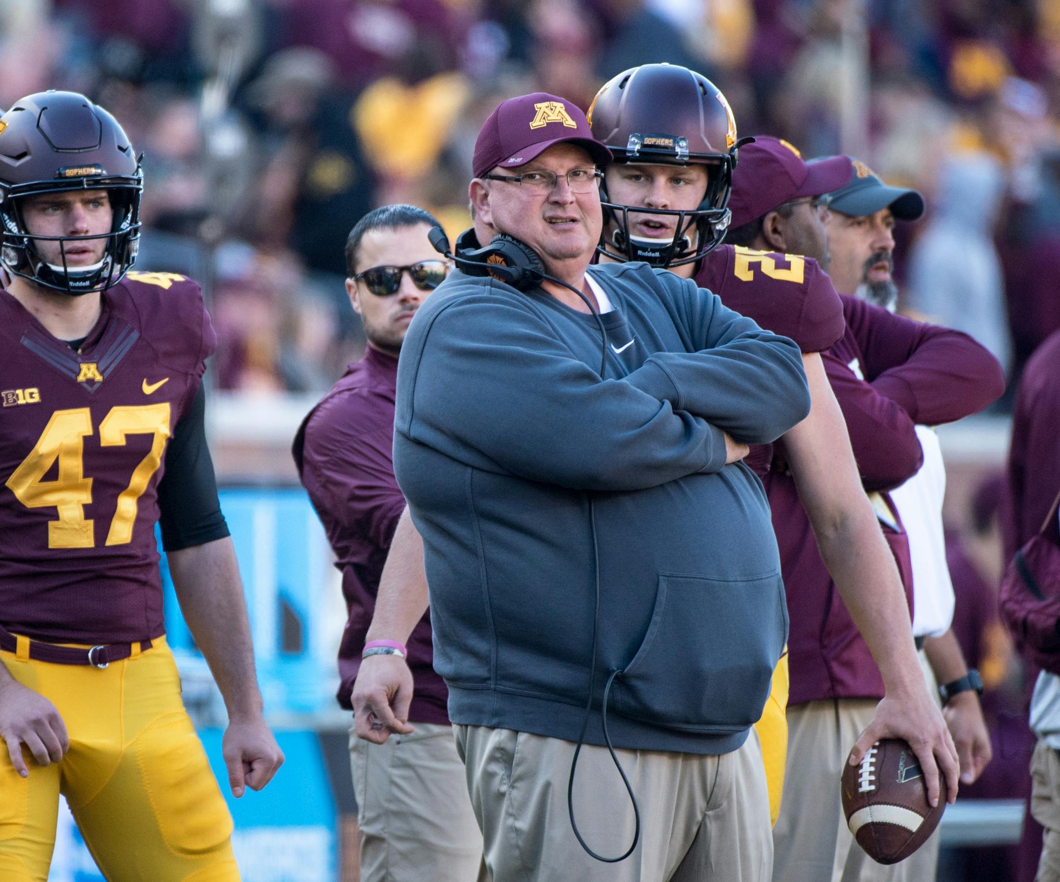 Minnesota Golden Gophers head coach Tracy Claeys looked on during the third quarter of Saturday afternoon's game against the Rutgers Scarlet Knights. ] (AARON LAVINSKY/STAR TRIBUNE) aaron.lavinsky@startribune.com The University of Minnesota Golden Gophers football team played the Rutgers Scarlet Knights on Saturday, Oct. 21, 2016 at TCF Bank Stadium in Minneapolis, Minn. ORG XMIT: MIN1610221542163514 ORG XMIT: MIN1610282115120377