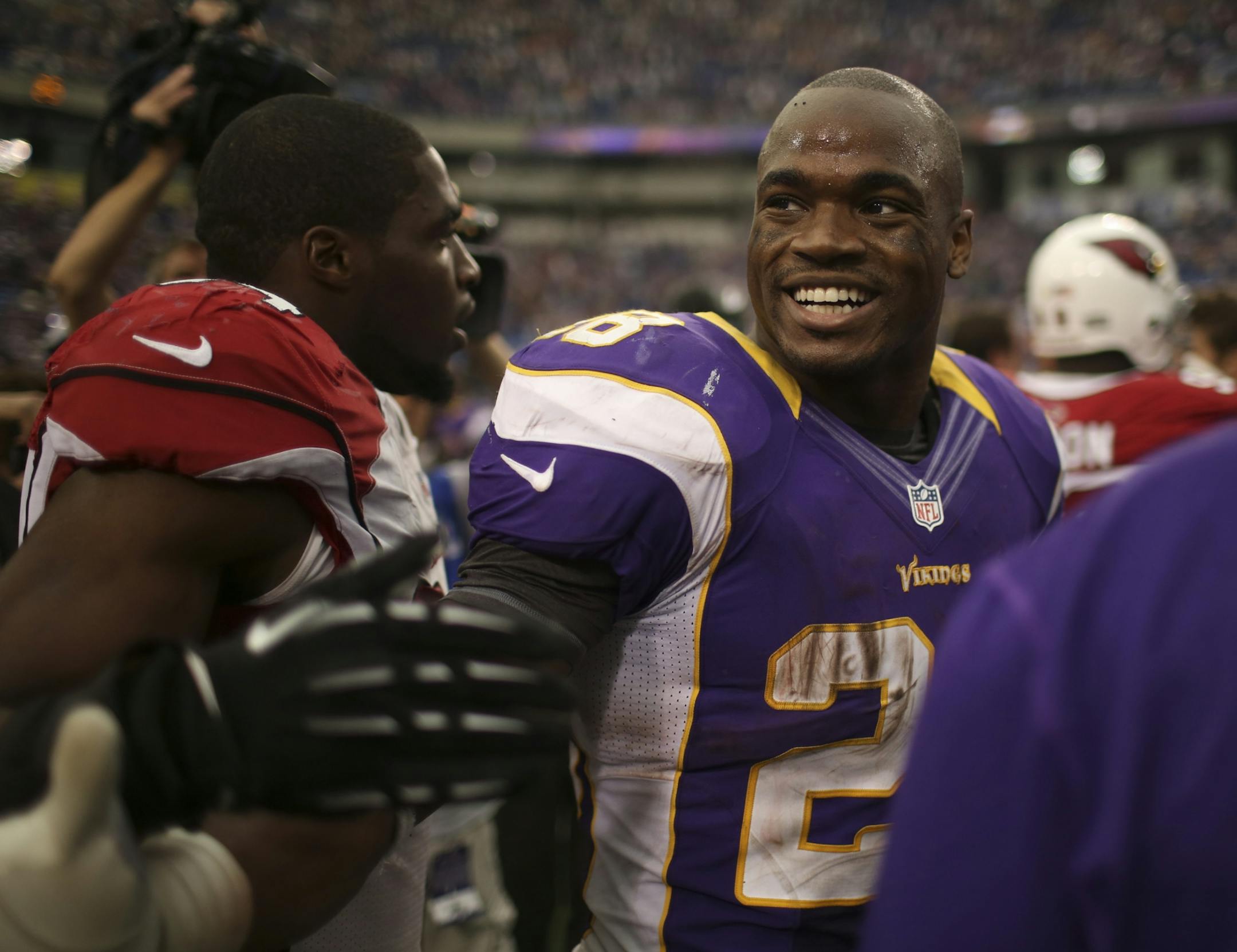 The Minnesota Vikings beat the Arizona Cardinals 21- 14 in an NFL game October 21, 2012 at Mall of America Field in Minneapolis, Minn. The Vikings' Adrian Peterson gained 159 total yards for the afternoon, including 153 yards rushing.