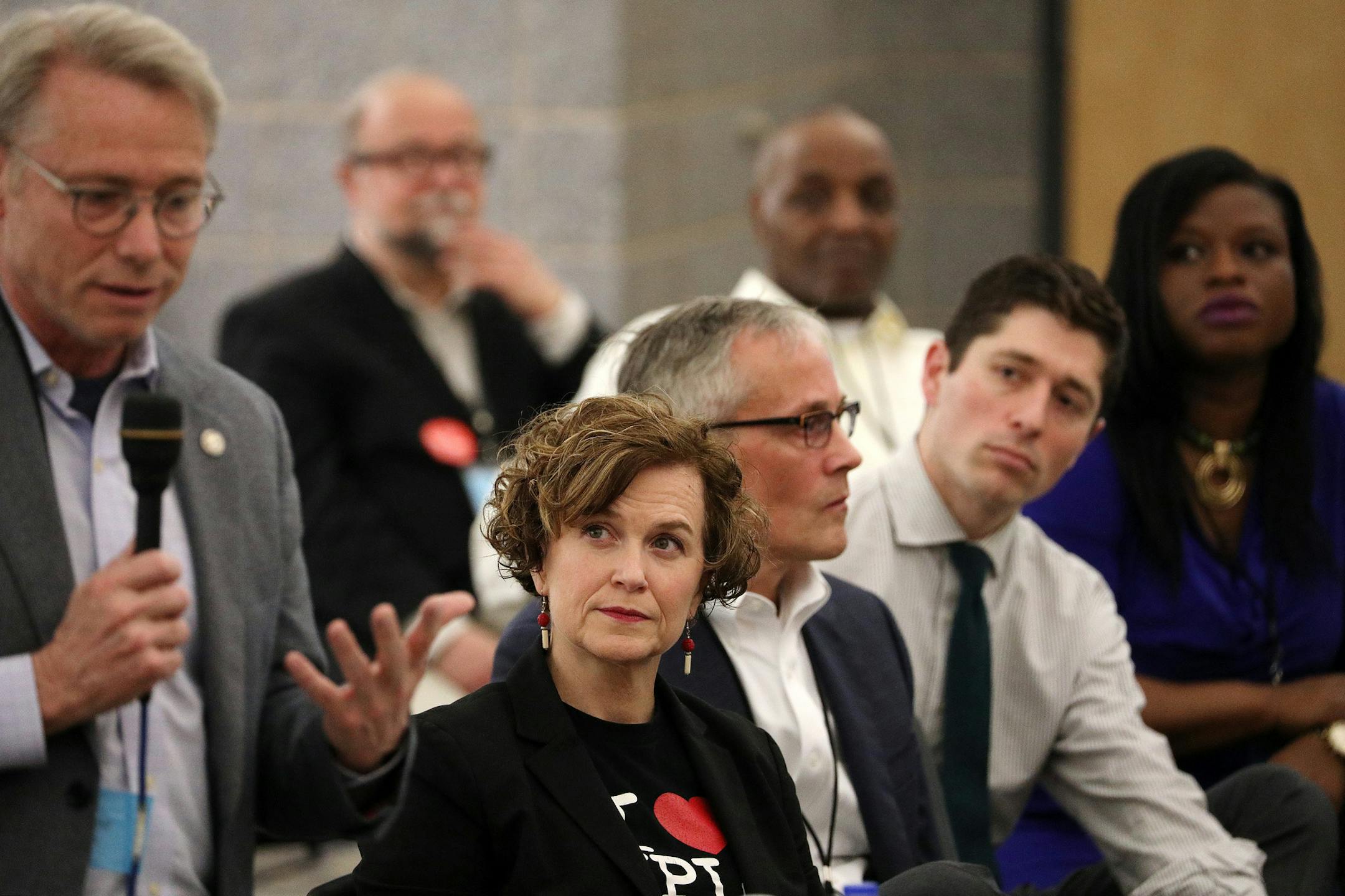 Mayor Betsy Hodges listened as candidate Raymond Dehn articulated his viewpoints on public safety. ] ANTHONY SOUFFLE ï anthony.souffle@startribune.com Candidates participated in a mayoral forum Saturday, April 15, 2017 at Herbert M. Hanson Jr. Hall on the grounds of the University of Minnesota in Minneapolis.