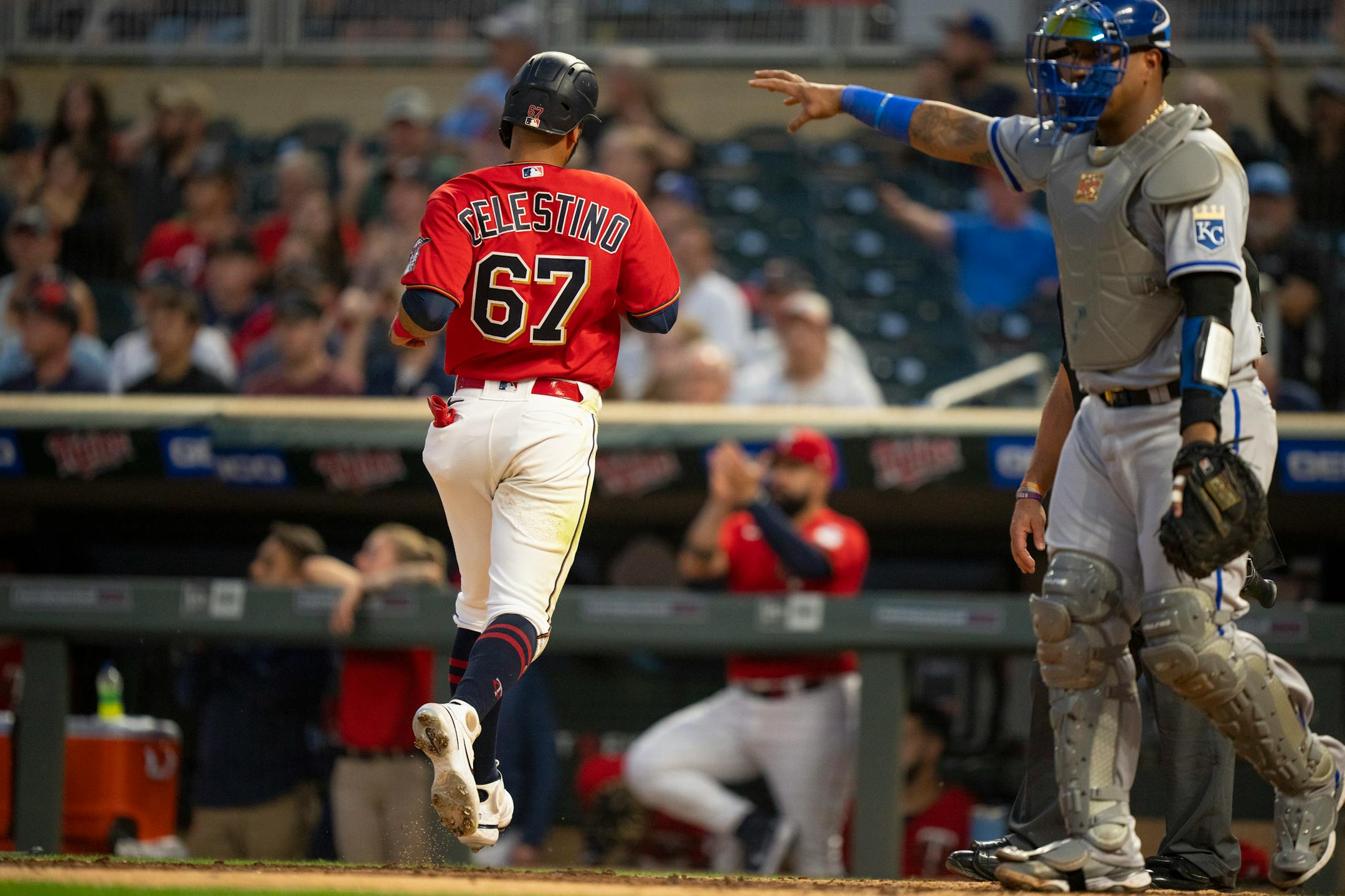 Minnesota Twins center fielder Gilberto Celestino (67) scored in the third inning on a Minnesota Twins shortstop Carlos Correa double.