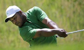 Harold Varner III drives off the fourth tee during the third round of the PGA Championship golf tournament, Saturday, May 18, 2019, at Bethpage Black 