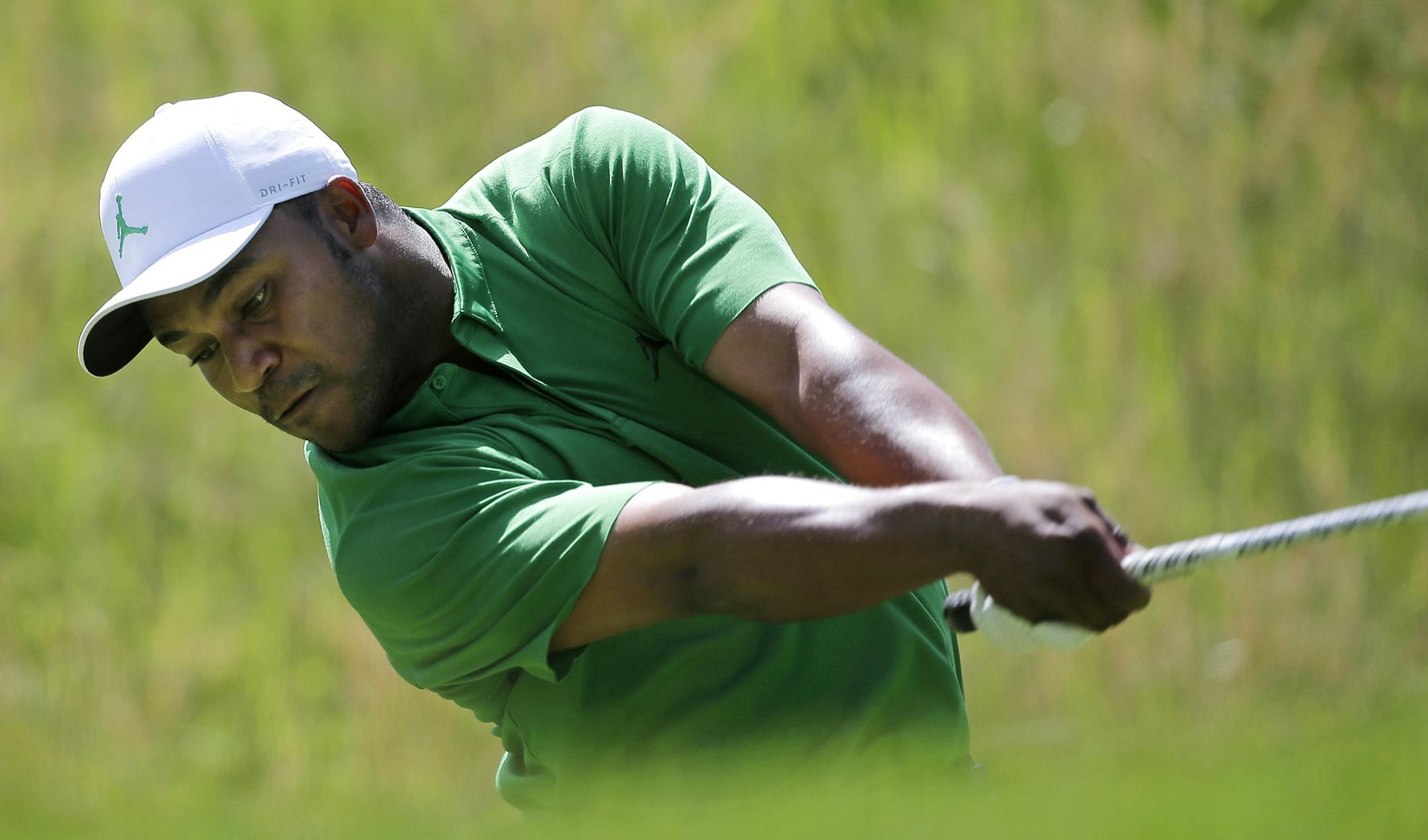 Harold Varner III drives off the fourth tee during the third round of the PGA Championship golf tournament, Saturday, May 18, 2019, at Bethpage Black in Farmingdale, N.Y. (AP Photo/Seth Wenig)