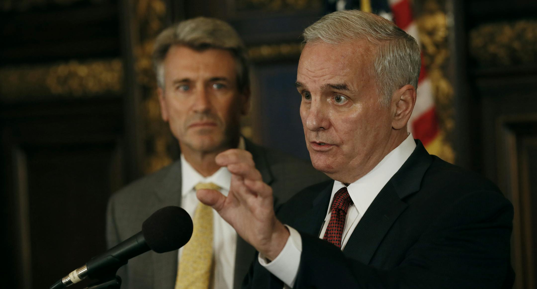 Minneapolis mayor R.T. Rybak left and Gov. Mark Dayton encouraged by sides in the Minnesota Orchestra to talk too each Thursday September 19, 2013, in ST. Paul, MN.] JERRY HOLT ‚Ä¢ jerry.holt@startribune.com