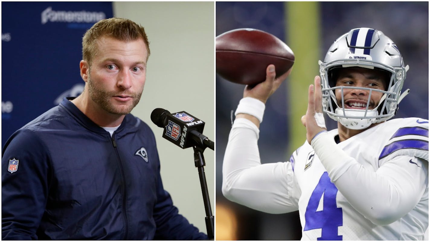 Rams coach Sean McVay, left, and Cowboys quarterback Dak Prescott