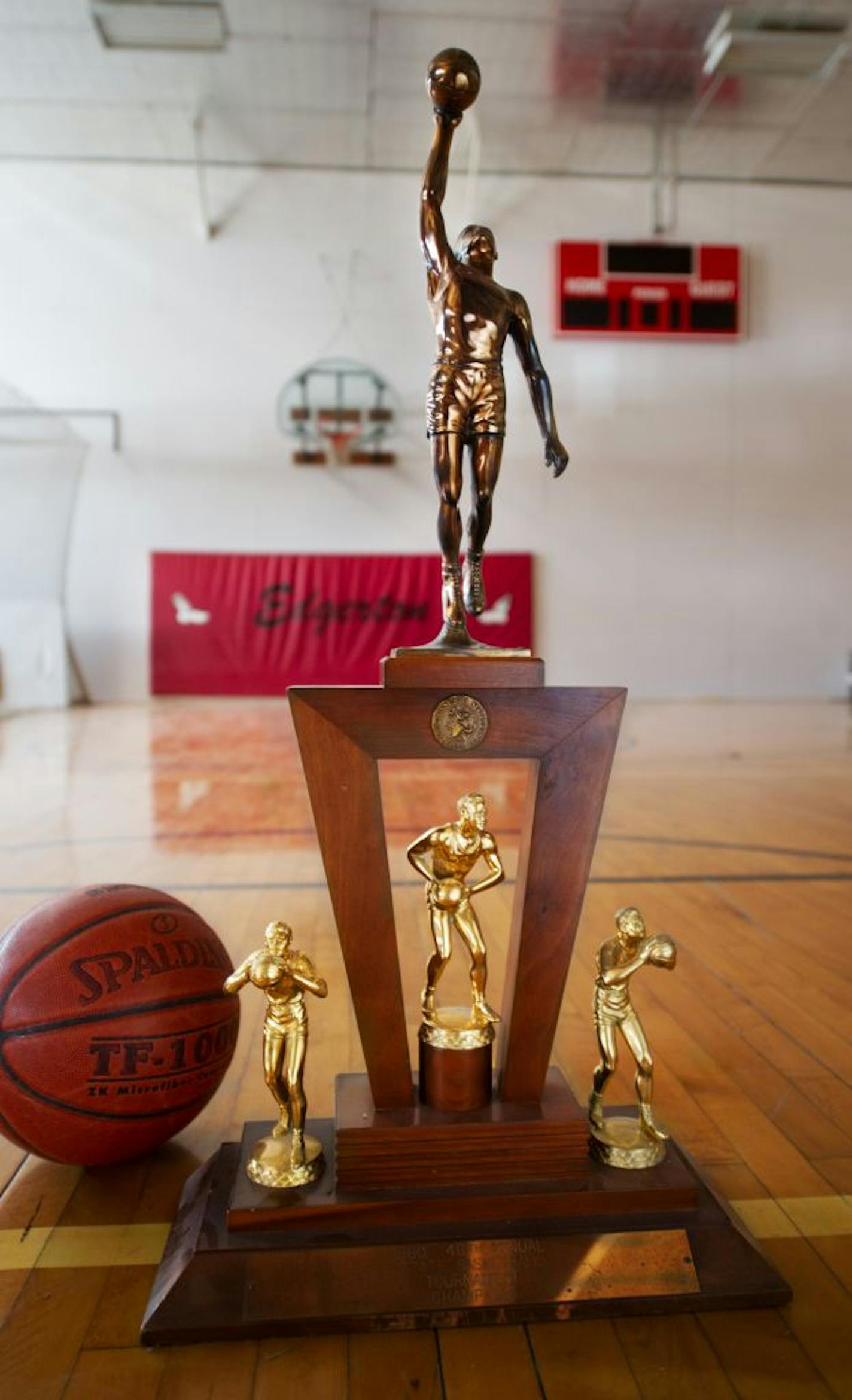 The 1960 Minnesota State High School boy's basketball trophy won by Edgerton. Photo taken in the Edgerton High School gym where that team played at the time.