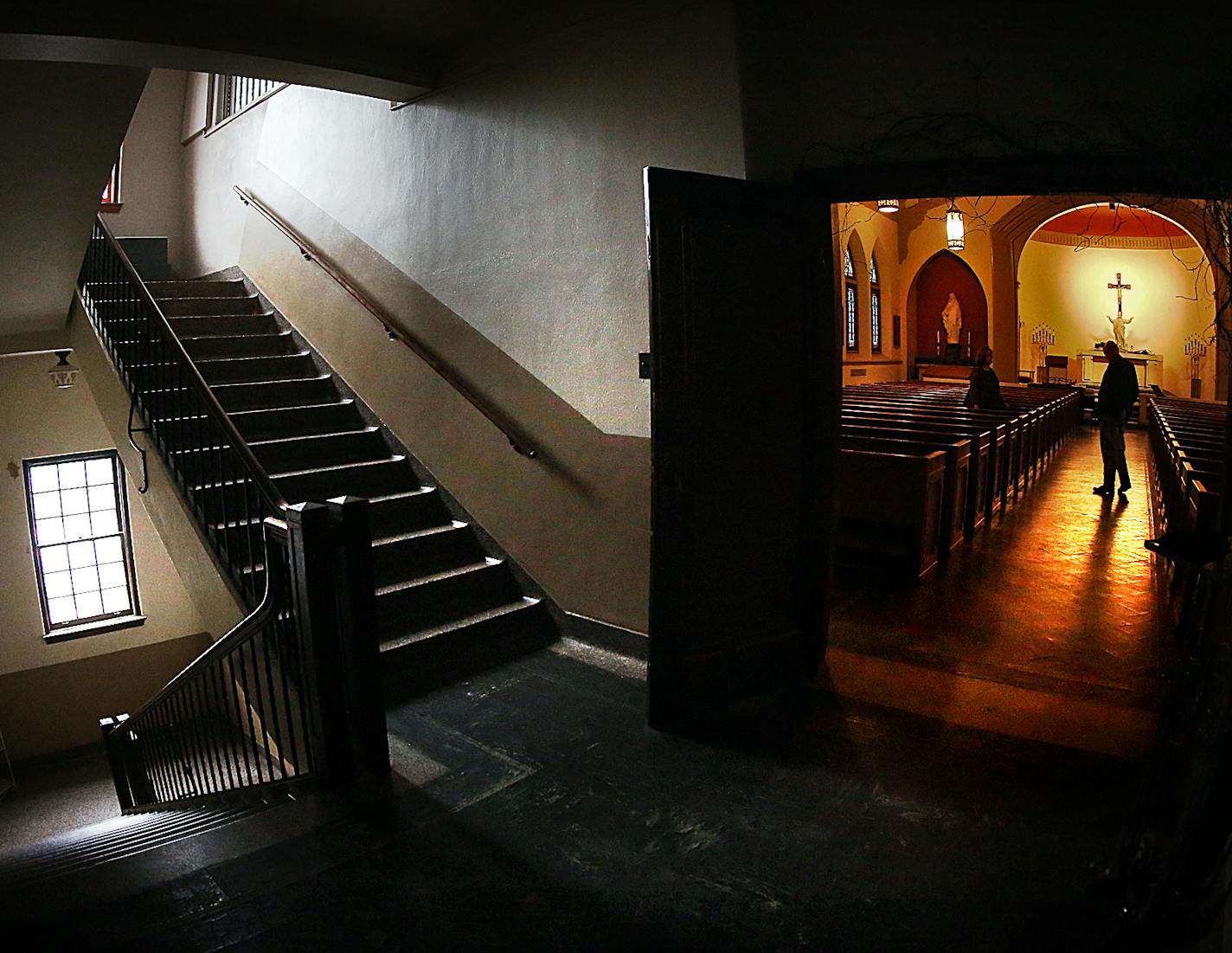 Sunlight streamed through windows in a church staircase at Christ&#x2019;s Household of Faith in the heart of St. Paul.