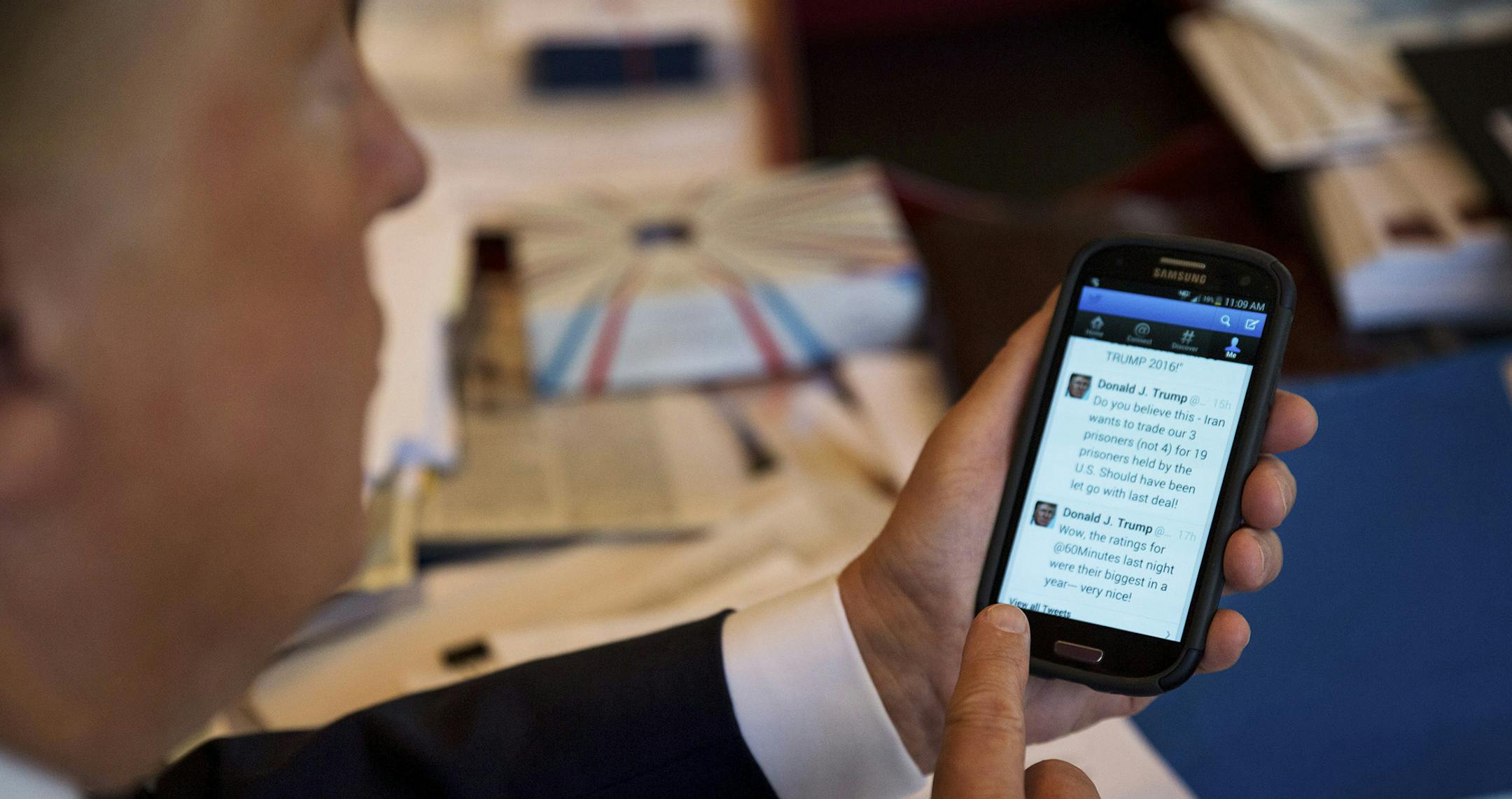 Donald Trump demonstrates his tweeting skills in his office at Trump Tower in New York, Sept. 29, 2015. Some say it took Trump’s unfiltered, type-anything style to fulfill what digital strategists have long predicted: a campaign built on social media. (Josh Haner/The New York Times) ORG XMIT: MIN2016112817402464 ORG XMIT: MIN1611281743430272