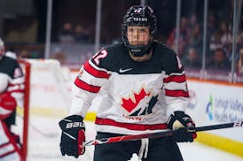Canada's Claire Thompson in action during a game against the United States in Allentown, Pa., in 2021.