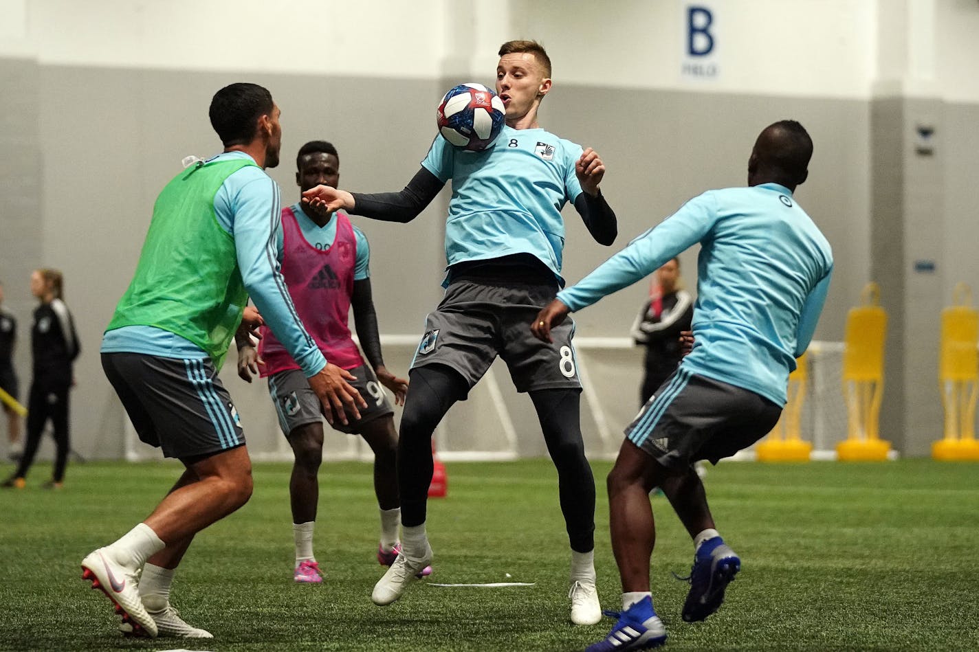 Newly acquired midfielder Jan Gregus, center, stood out with his size and skills in a Loons practice Tuesday.