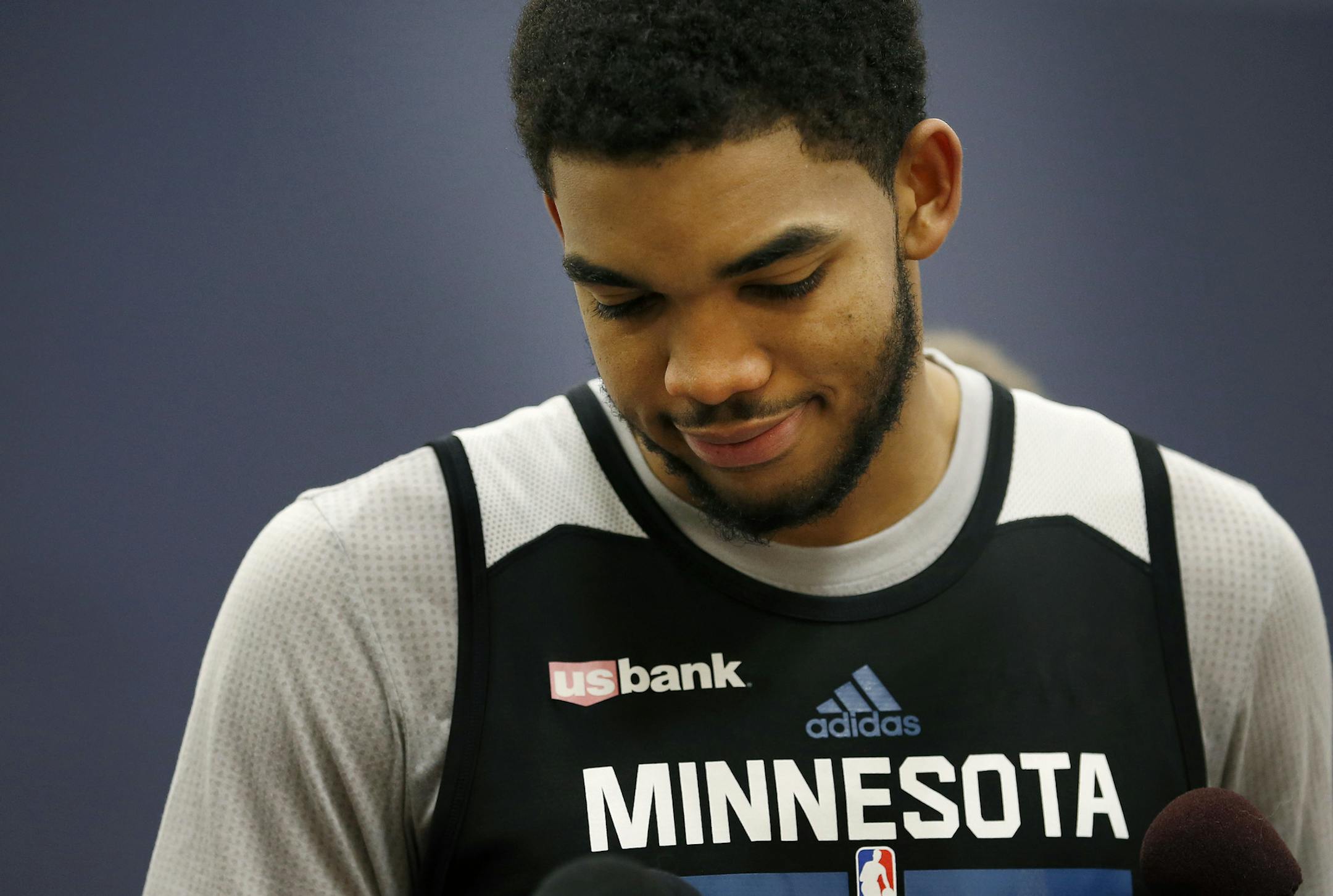 Minnesota Timberwolves Karl-Anthony Towns spoke to the media about Flip Saunders after practice on Monday. ] CARLOS GONZALEZ ï cgonzalez@startribune.com - October 26, 2015, Minneapolis, MN, Mayo Clinic Square, Minnesota Timberwolves media availability after the death of Flip Saunders.