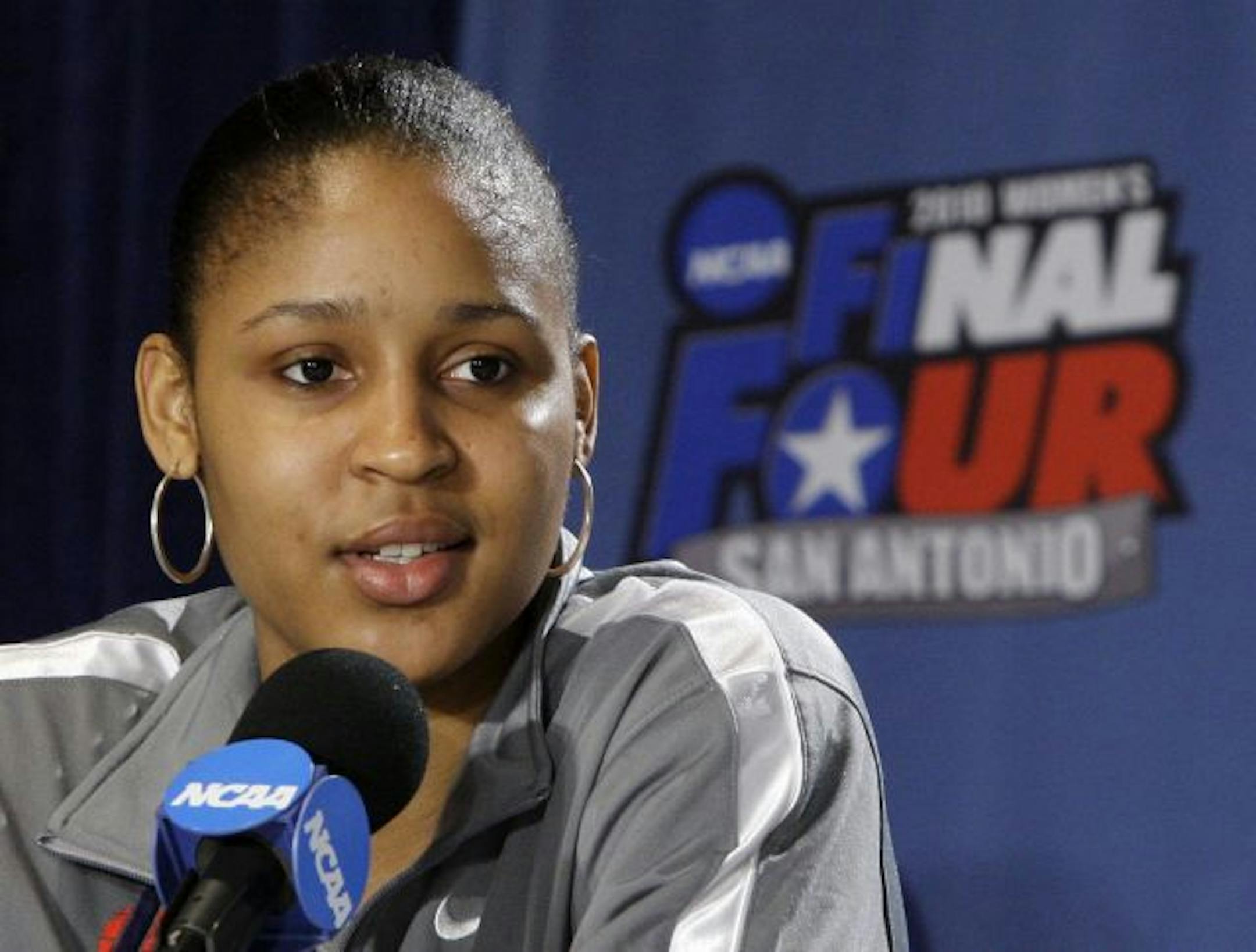 Connecticut's Maya Moore addresses a question during a media session at the NCAA Women's Final Four college basketball tournament Monday, April 5, 2010, in San Antonio, Texas. Stanford plays Connecticut for the national championship Tuesday night.