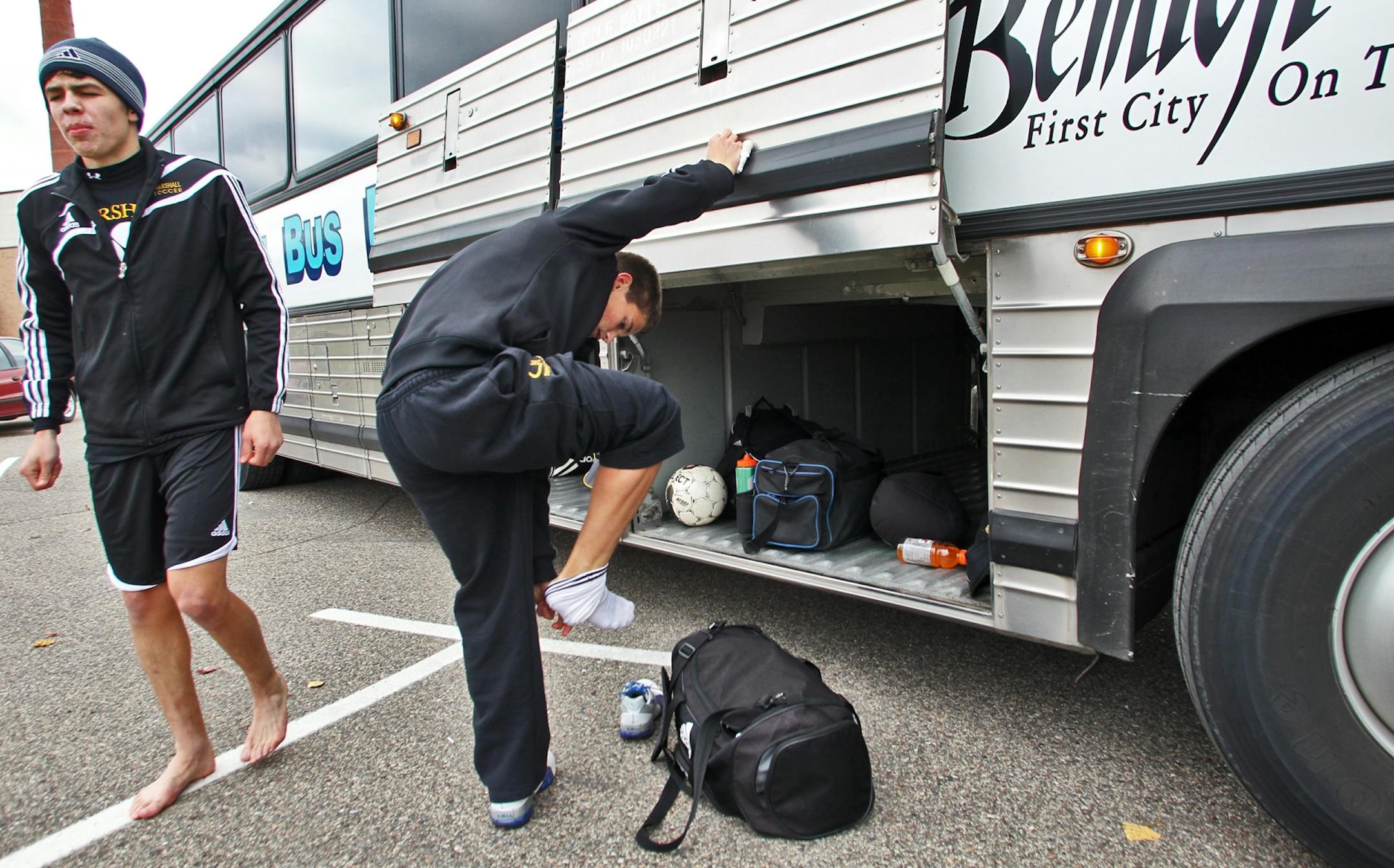 State Soccer Quarterfinals. Prairie Seeds Academy was not allowed to play their tournament game against Marshall of Duluth. Marshall players kicked the soccer ball around at the Roseville High game site before heading back to Duluth on a charter bus. Marshall advances to play Monday night in the Metrodome. Marshall players put their soccer equipment back into a bus luggage area at the Roseville game site before reboarding the bus to head back to Duluth. (MARLIN LEVISON/STARTRIBUNE(mlevison@start