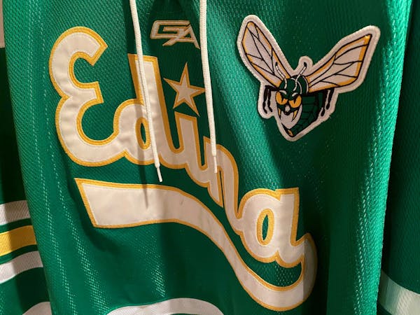This Hornets jersey was worn in the 2013 boys hockey Class AA state tournament championship game won by Edina. The hornet mascot will stay.
