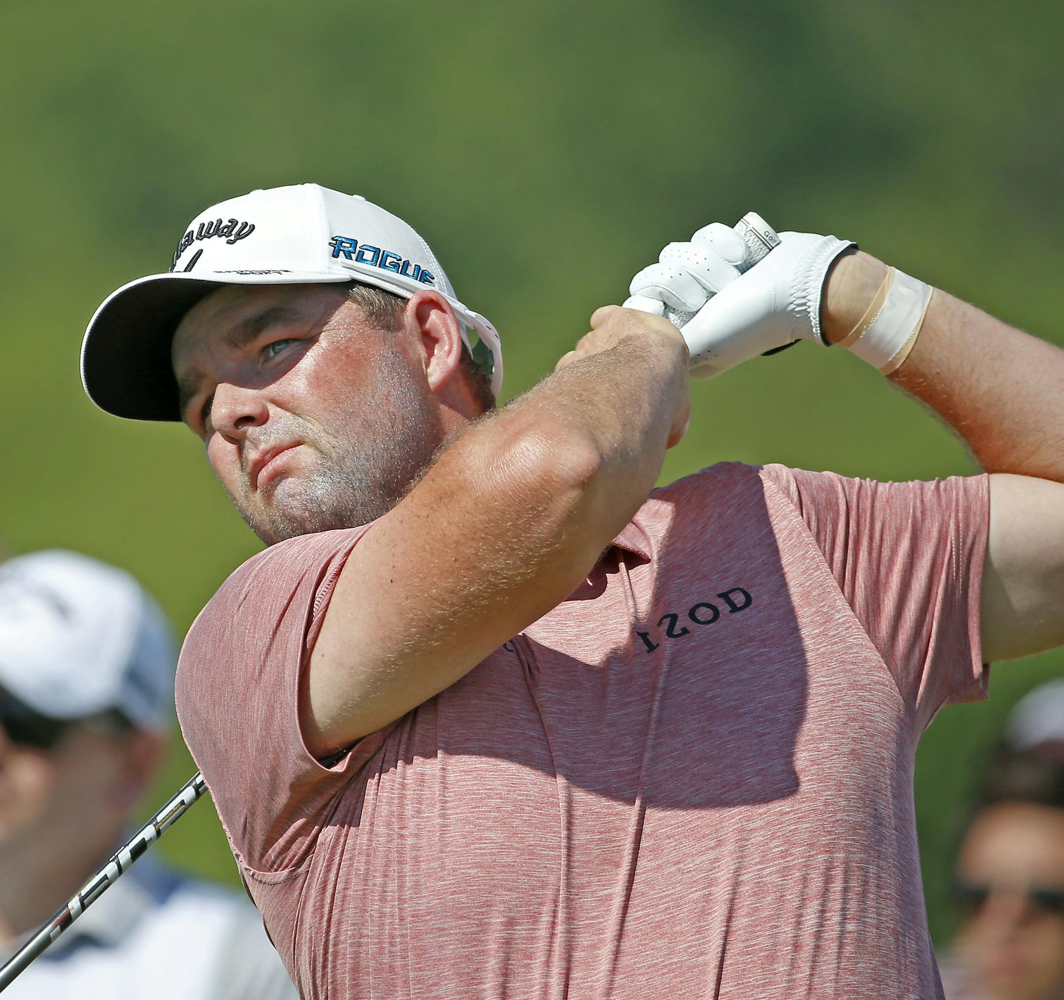 Marc Leishman watches his tee shot on the first hole during the second round of the AT&T Byron Nelson golf tournament at Trinity Forest Golf Club in Dallas, Friday, May 18, 2018. (Jae S. Lee/The Dallas Morning News via AP)