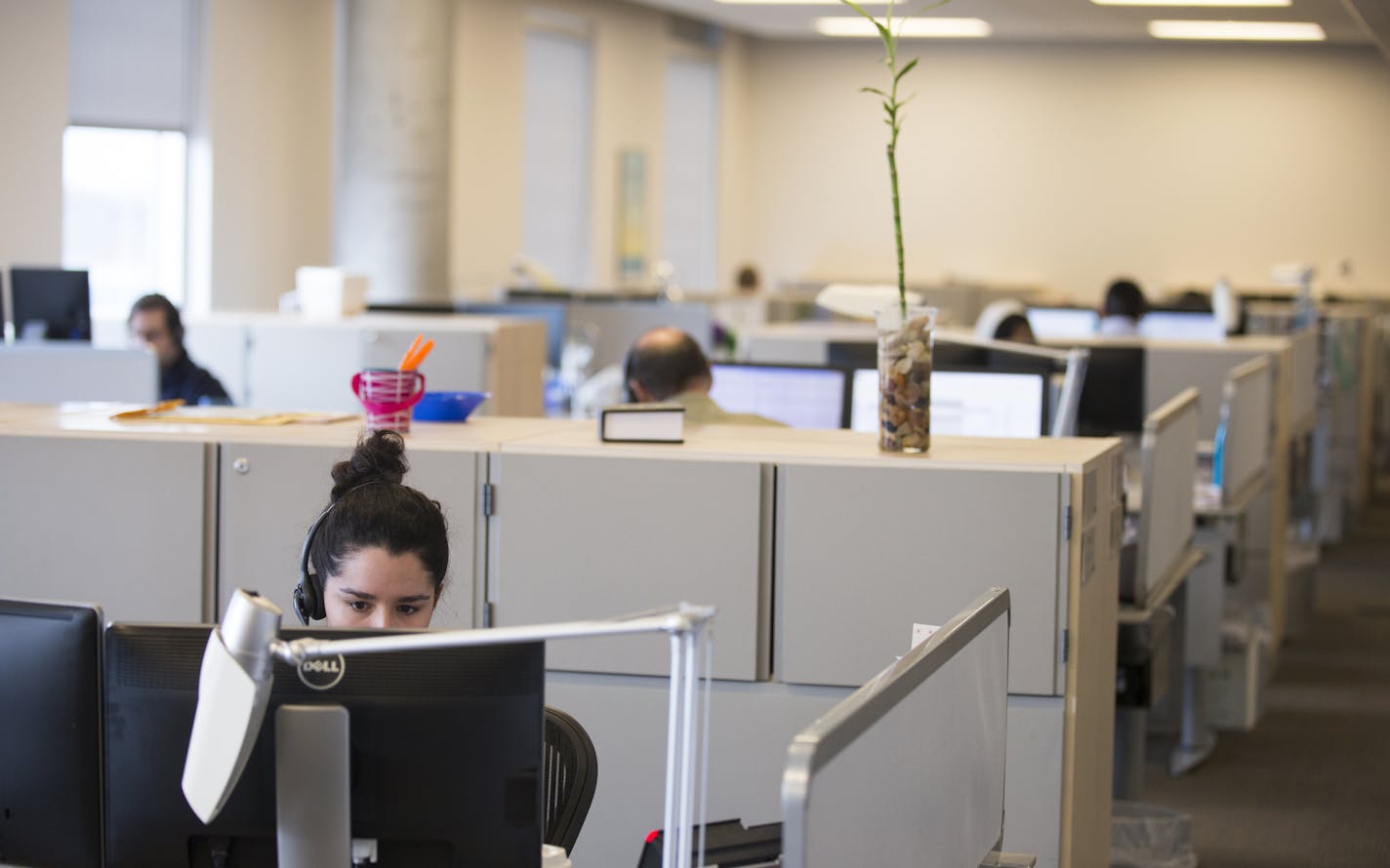 The call center at the Coloplast North American headquarters in Minneapolis on Monday, February 22, 2016. ] (Leila Navidi/Star Tribune) leila.navidi@startribune.com BACKGROUND INFORMATION: Business profile of Coloplast, the maker of chronic care and urology medical devices.