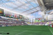 A rendering of how the new Vikings stadium would look when it was set up for an MSL match with the upper level curtained off with large panels and adv