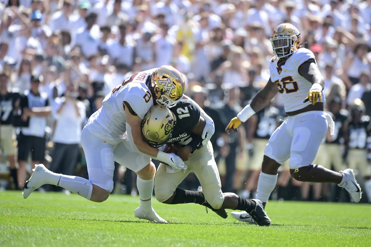 Gophers defensive lineman Thomas Rush sacked Colorado quarterback Brendon Lewis in the second quarter.