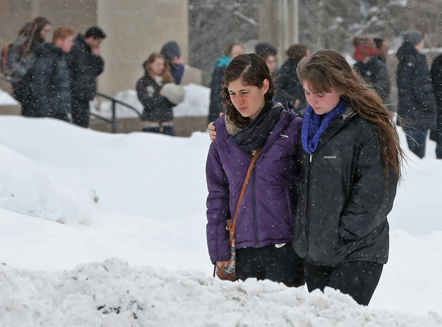 Carleton College students left the Skinner Memorial Chapel on Saturday, March 1, 2014, after a memorial service for three Carleton College students killed on the icy roads north of Northfield on Friday.