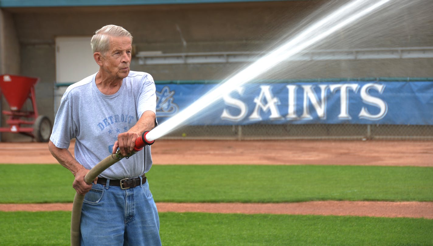 Bob Klepperich waters down the gravel on the diamond at Midway Stadium. ] The Saints not only will be leaving behind their old home next year when they move to the new downtown ballpark, they'll also be losing their longtime ballpark manager. Bob Klepperich won't be going with them to Lowertown, ending a career managing the city's municipal ballparks that stretches back to the 1950s. 347857 Klep_082414 20035900A (DAVID BREWSTER/STAR TRIBUNE)