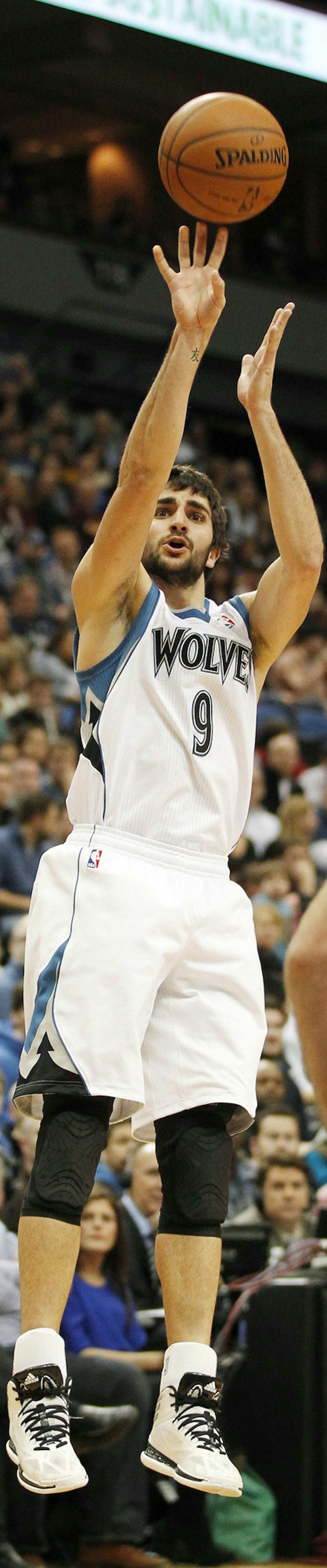 Minnesota Timberwolves guard Ricky Rubio shoots against the Portland Trail Blazers in the first quarter of their NBA basketball game won by the Trail Blazers 117-110 on Saturday, Feb. 8, 2014 in Minneapolis.(AP Photo/Andy Clayton-King) ORG XMIT: MNAK212