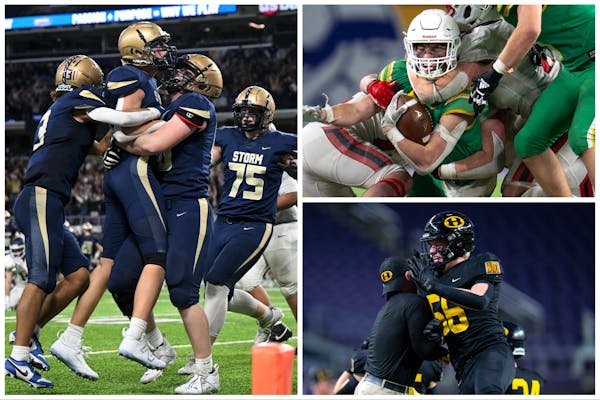 Clockwise from left: Kade Bush (center) and his Chanhassen teammates celebrated his winning play; Centennial kept Edina in its grips; Hutchinson’s L