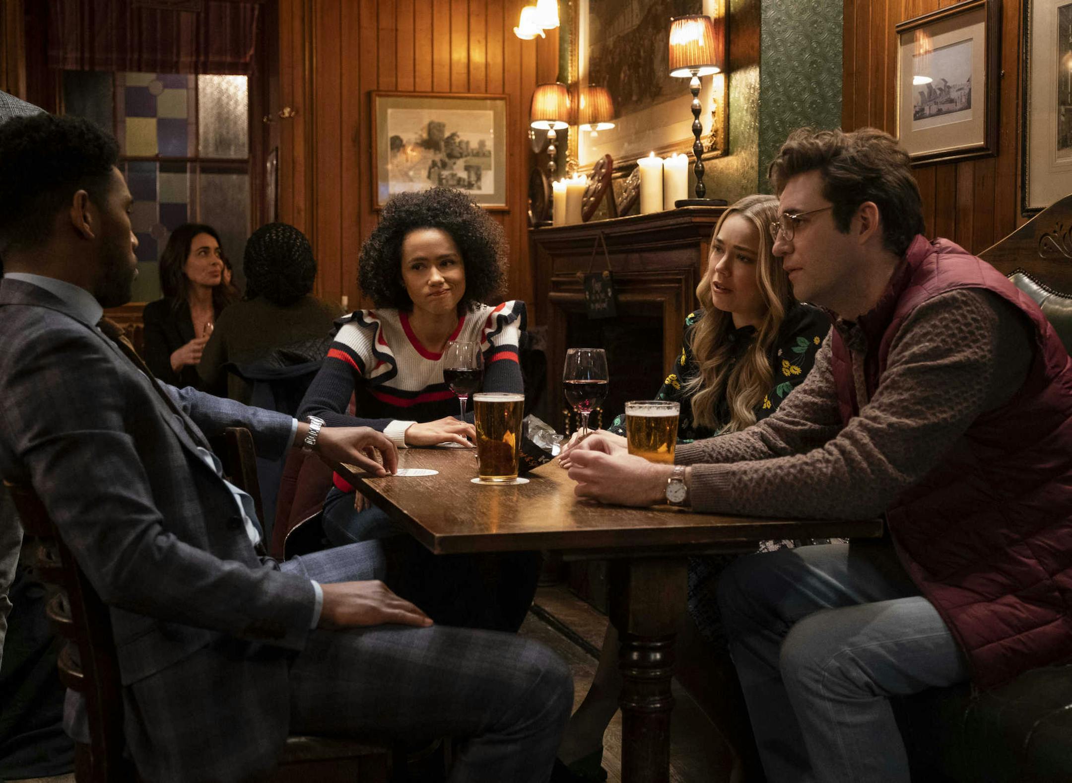 Four Weddings and A Funeral -- Four American friends reunite for a fabulous London wedding. But after a bombshell at the altar throws their lives into turmoil, they must weather a tumultuous year of romance and heartbreak. Relationships are forged and broken, political scandals exposed, London social life lampooned, love affairs ignited and doused, and of course, there are four weddings... and a funeral. Craig (Brandon Mychal Smith), Maya (Nathalie Emmanuel), Ainsley (Rebecca Rittenhouse), and C