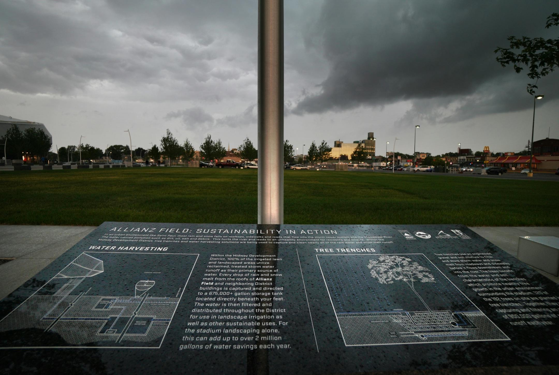 The City of Saint Paul and Minnesota United unveiled an interpretive monument honoring the new cutting-edge rainwater reuse system, complete with laser-etched diagrams of the water harvesting process and tree-trench irrigation system.