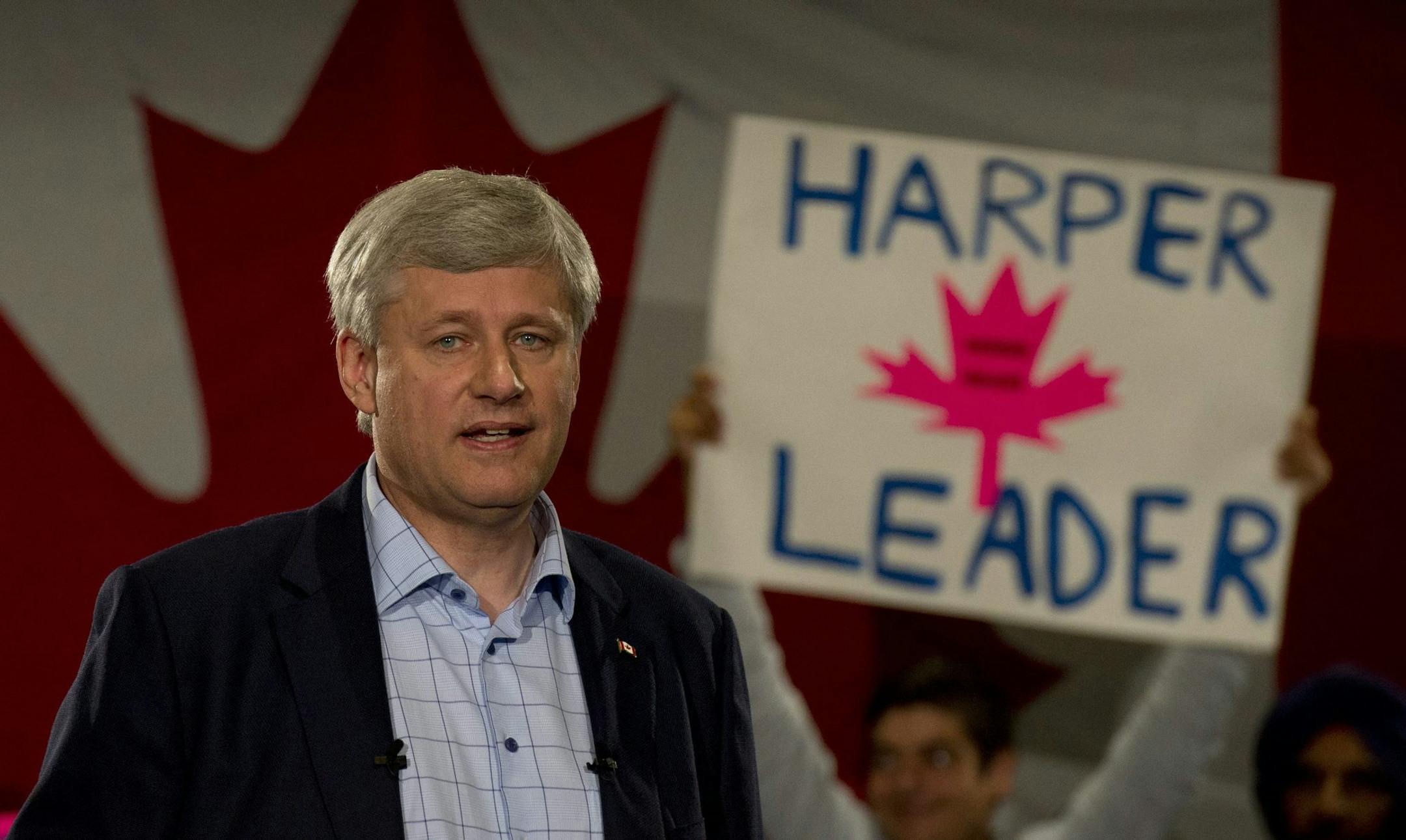 Conservative leader Stephen Harper delivers his campaign speech during a campaign stop in Mississauga, Ontario, Canada, on Tuesday, Sept. 8, 2015. (Adrian Wyld/The Canadian Press via AP) MANDATORY CREDIT