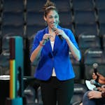 Rebecca Lobo-Rushin moderated a panel in February during a news conference to mark 40 days out from the NCAA Women’s Final Four that will be held in