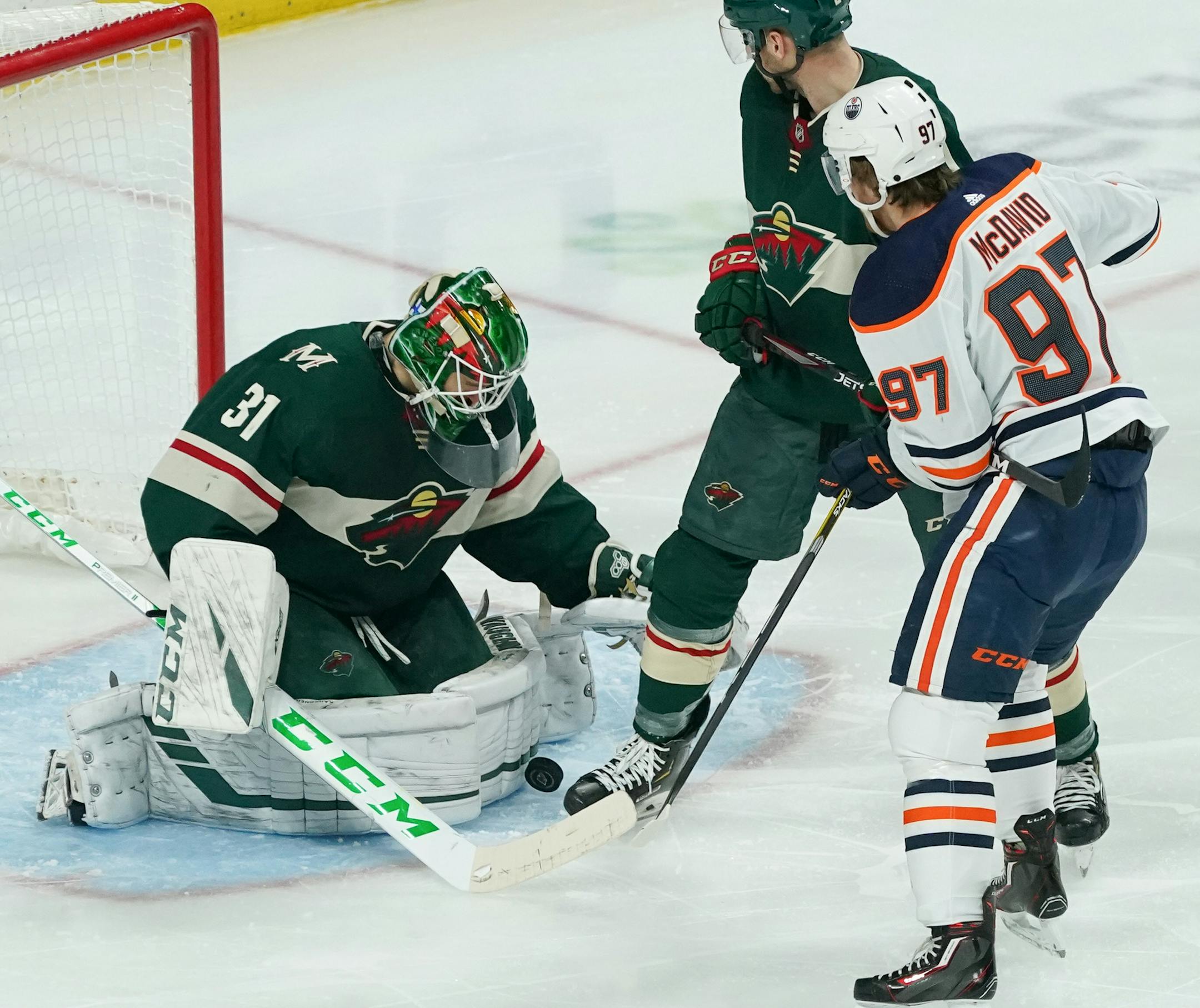 Minnesota Wild goalie Kaapo Kahkonen (31) with a second period save. ] GLEN STUBBE &#x2022; glen.stubbe@startribune.com Thursday, December 12, 2019 Xcel Energy Center, NHL, Edmonton Oilers at Minnesota Wild, St Paul, Minnesota