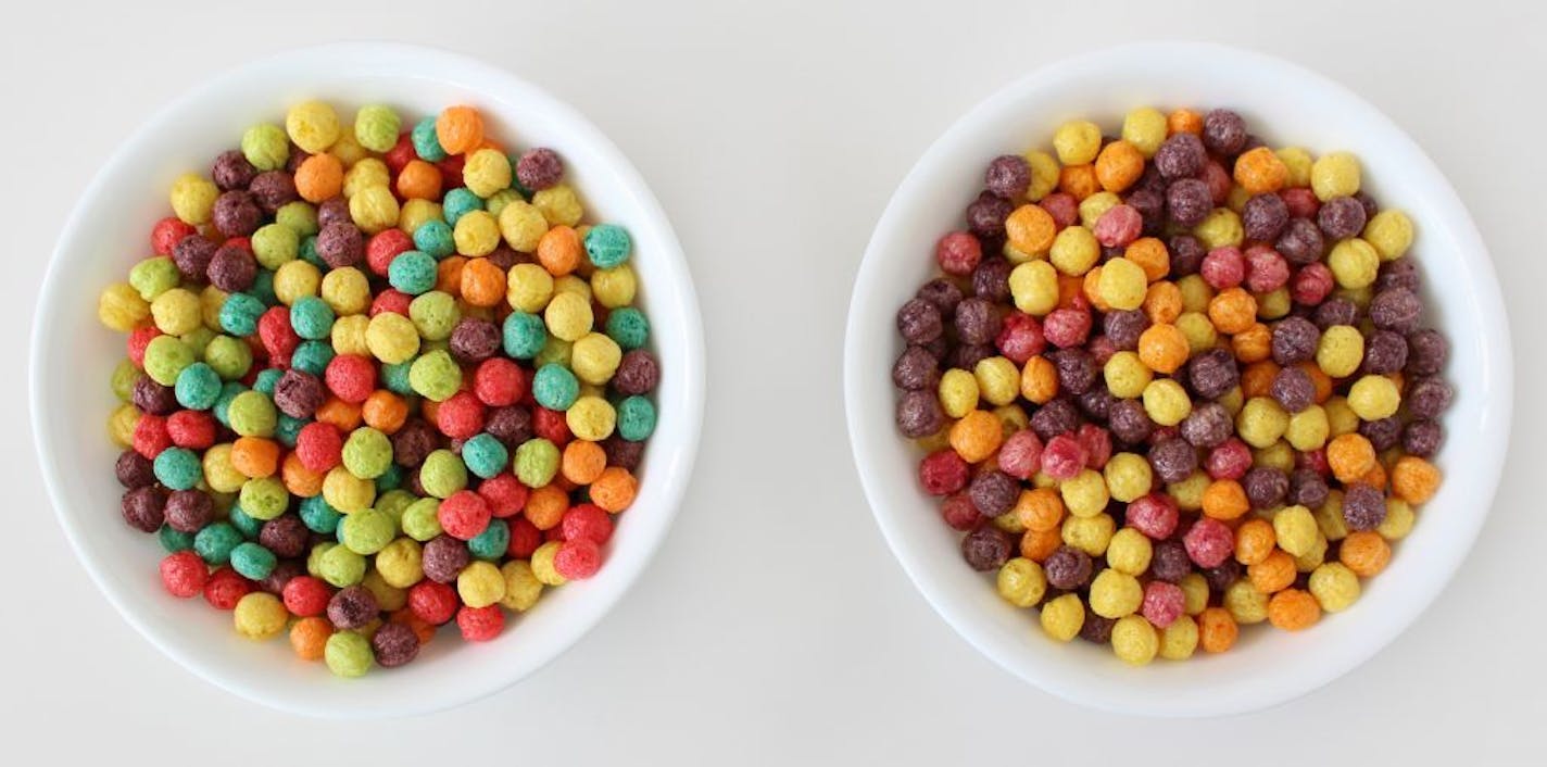 This product image provided by General Mills on Monday, June 22, 2015 shows a bowl of Trix cereal made with artificial colors and flavors, left, and a bowl of a reformulated version, made with natural flavors and colorings, right. General Mills on Monday announced it is dropping artificial colors and flavors from its cereals, the latest company to respond to a growing desire for food made with ingredients people see as natural. The reformulated Trix cereal, available later this year, will be mad