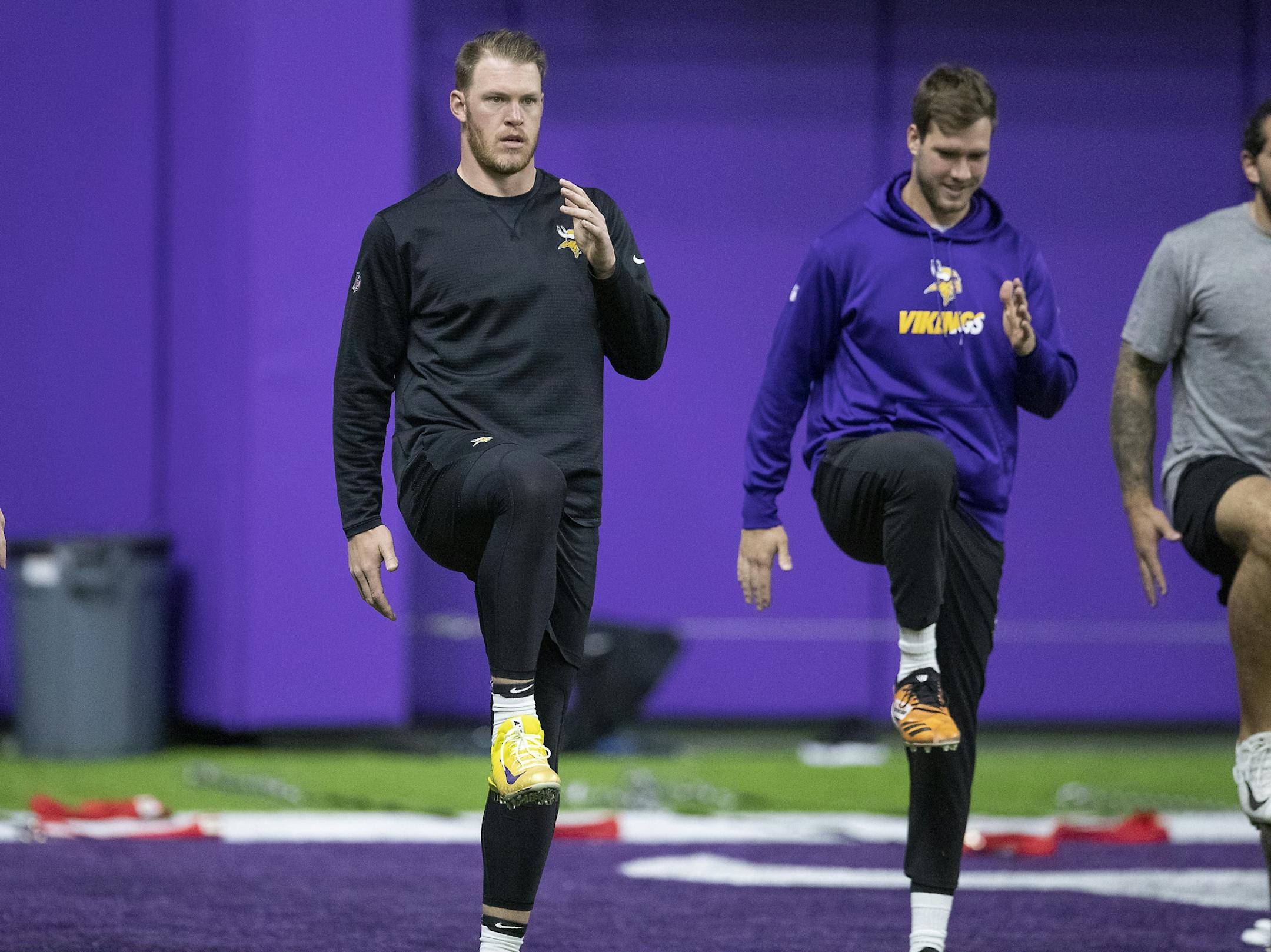 Vikings tight end Kyle Rudolph stretched before practice at the Twin Cities Orthopedic Center, Tuesday, April 16, 2019 in Eagan, MN.