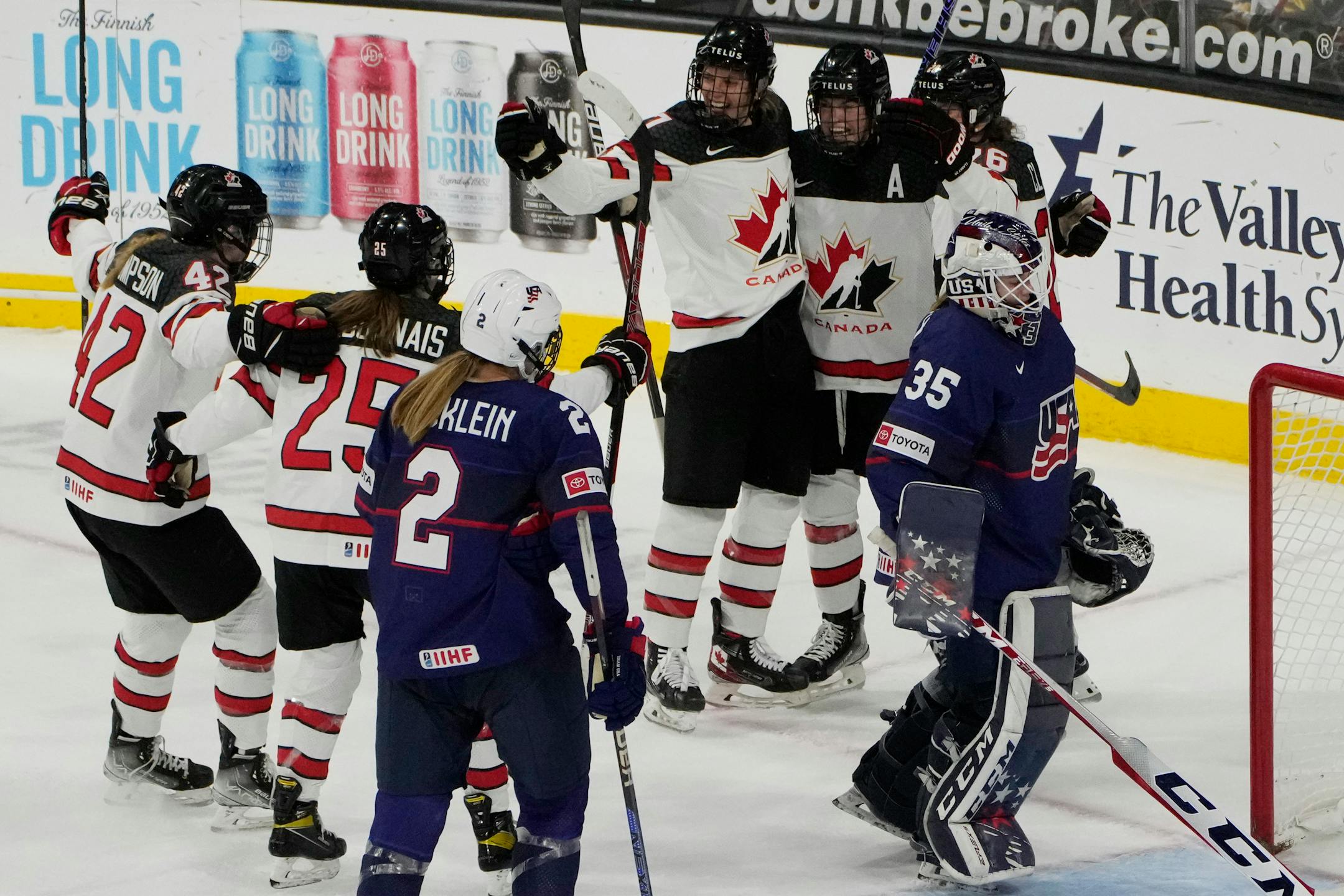Canada players celebrate after Blayre Turnbull scored against the United States during the second period of a Rivalry Series hockey game Thursday, Dec. 15, 2022, in Henderson, Nev. (AP Photo/John Locher)