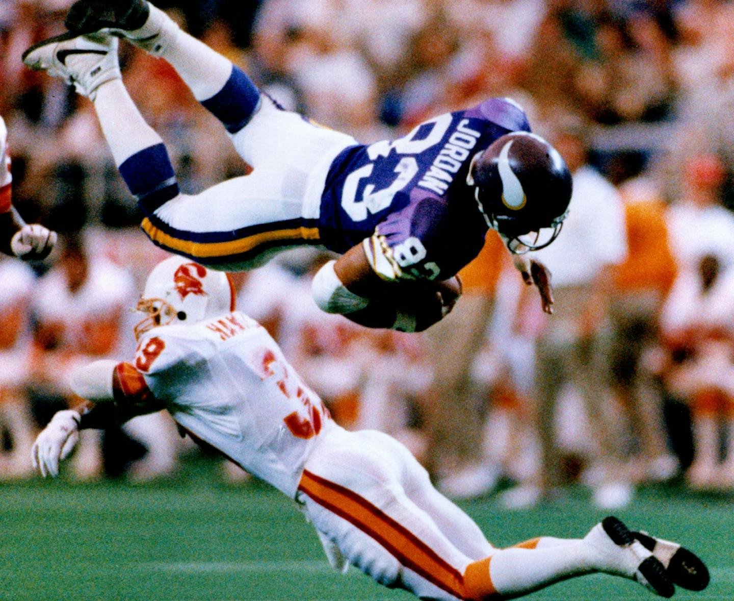 October 10, 1988 Vikings tight end Steve Jordan was sent flying by Tampa Bay 's Harry Hamilton after an 18-yard gain in the first quarter. Brian Peterson, Minneapolis Star Tribune