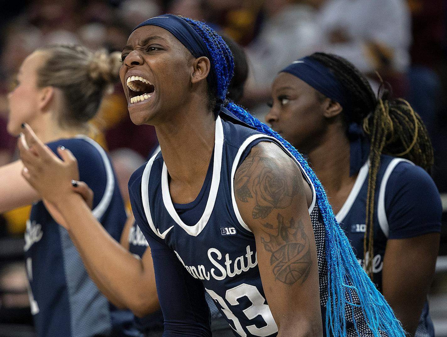 Penn State's forward Johnasia Cash (33) cheers on her team during the first quarter of their game in the Big Ten women's basketball tournament on Wednesday, March 1, 2023 at Target Center in Minneapolis, MN. ] Elizabeth Flores • liz.flores@startribune.com