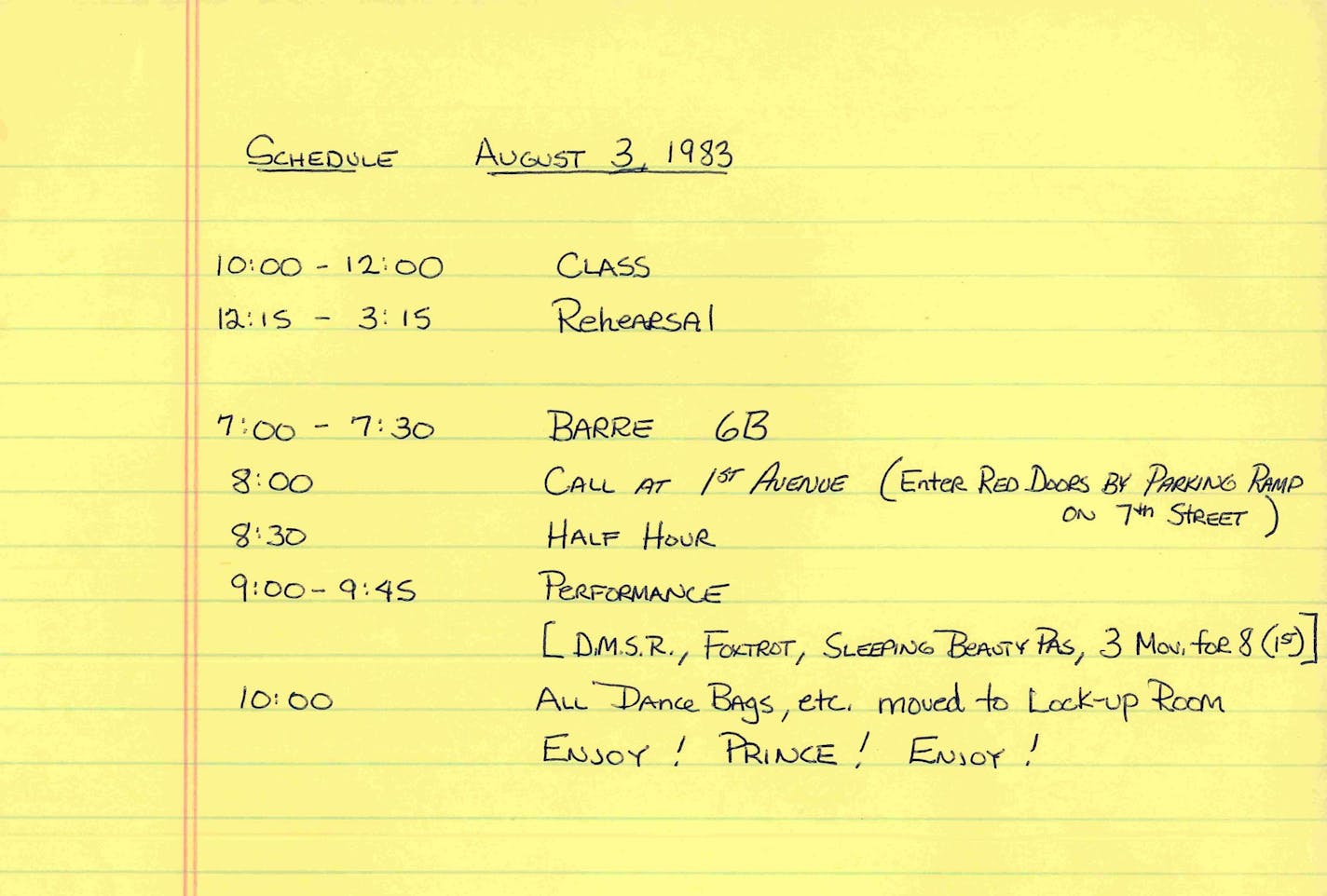 An MDT call sheet for the day of Prince's 1983 benefit, which included a performance of his song "D.M.S.R." choreographed by Loyce Houlton.