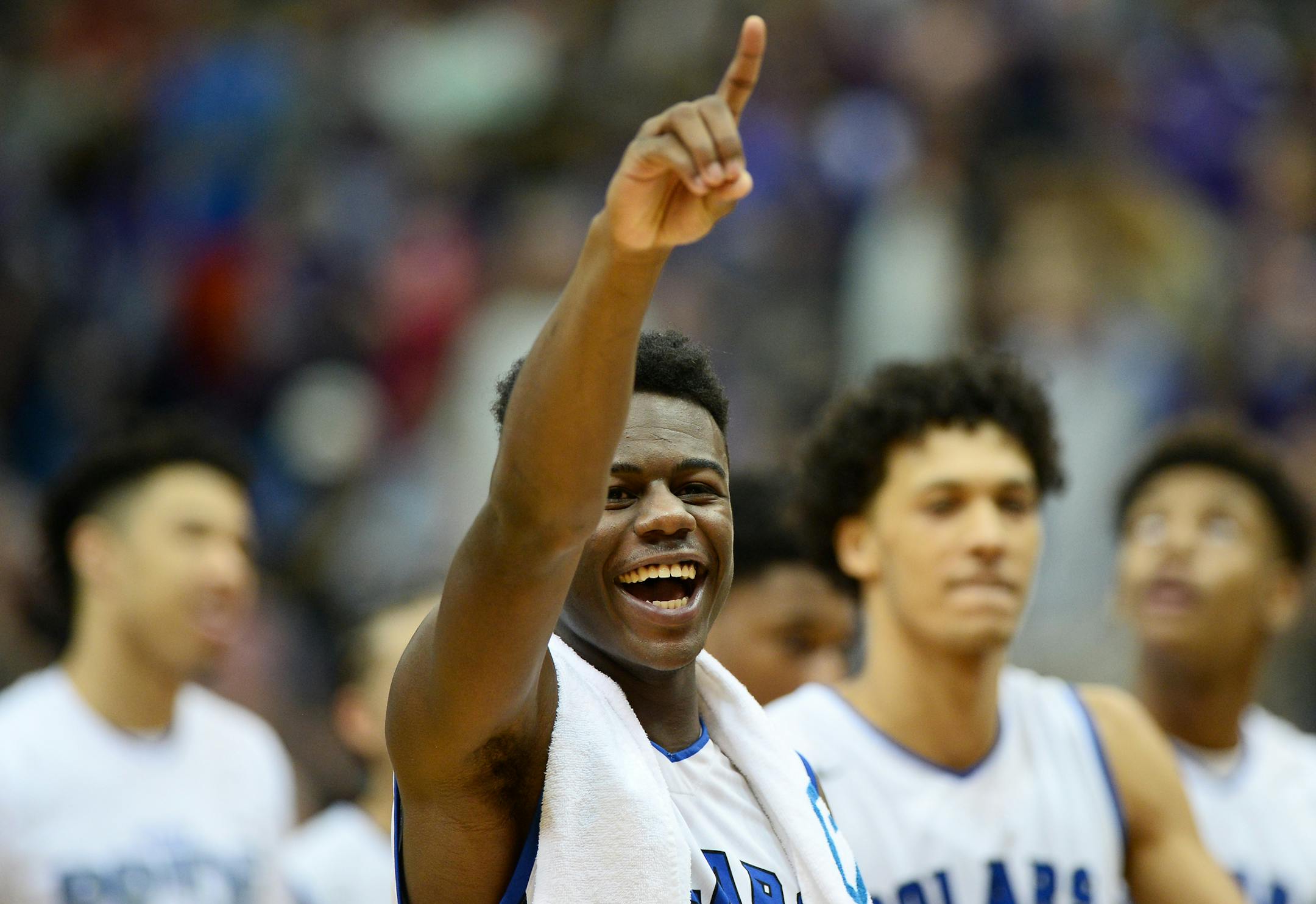 Minneapolis North guard Tyler Johnson (10) celebrated his team's 68-45 victory over Goodhue in the 1A championship game Saturday. ] (AARON LAVINSKY/STAR TRIBUNE) aaron.lavinsky@startribune.com Minneapolis North played Goodhue in the Class 1A boys’ basketball championship game on Saturday, March 12, 2016 at Target Center in Minneapolis, Minn.