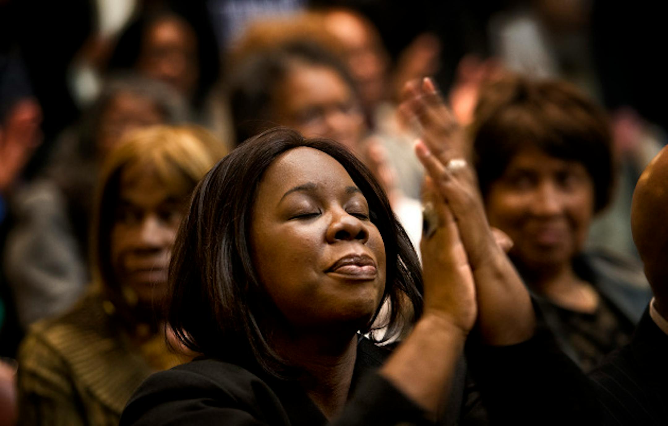 Rev. Latonya Fakir or St. Peters Church in Minneapolis prayed that god would be with them as they visited legislators later that day.  African-American clergy and members of the faith community held a faith rally at the Minnesota State Capitol on the 45th anniversary of Dr. Martin Luther King's assassination to support a bill that would reduce racial disparities in juvenile detention and provide funding for alternatives.  Thursday, April 4, 2013  ]   GLEN STUBBE * gstubbe@startribune.com