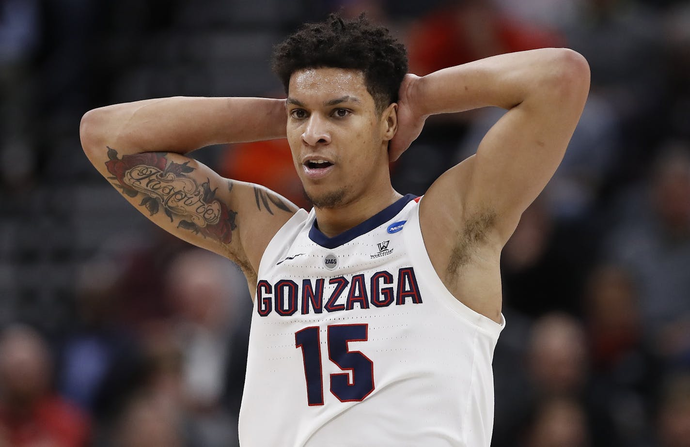 Gonzaga forward Brandon Clarke (15) reacts against Fairleigh Dickinson during a first round men's college basketball game in the NCAA Tournament Thursday, March 21, 2019, in Salt Lake City. (AP Photo/Jeff Swinger)