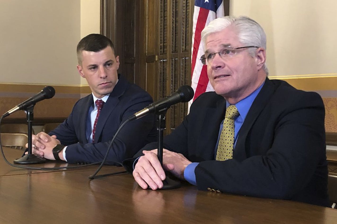 House Speaker Lee Chatfield, R-Levering, and Senate Majority Leader Mike Shirkey, R-Clarklake, at the Michigan Capitol on Jan. 30 in Lansing, Mich.