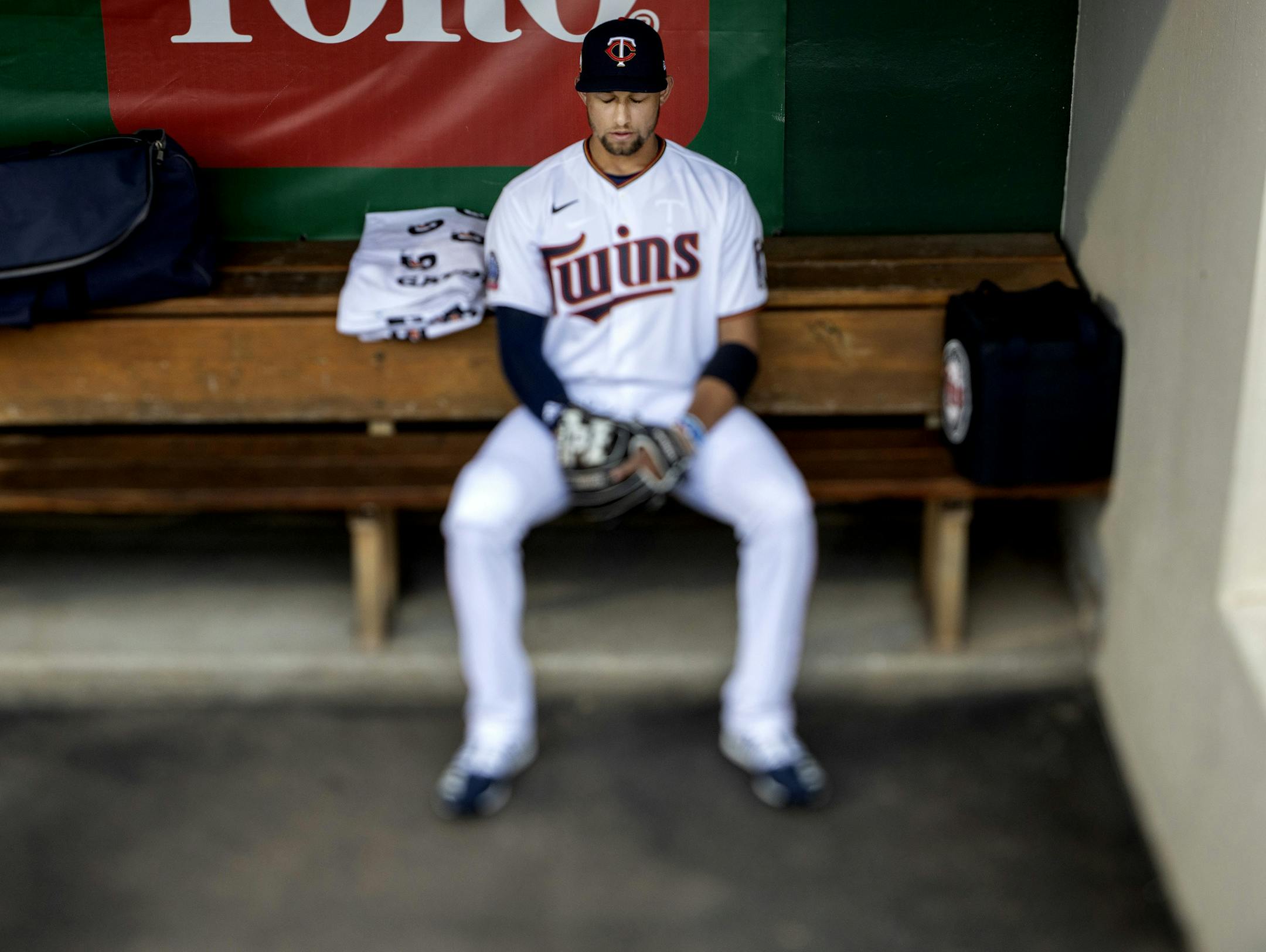 Minnesota Twins prospect Royce Lewis in the dugout. ] CARLOS GONZALEZ &#x2022; cgonzalez@startribune.com &#x2013; Fort Myers, FL &#x2013; February 21, 2020, CenturyLink Sports Complex, Hammond Stadium, Minnesota Twins, Spring Training vs. University of Minnesota Golden Gophers
