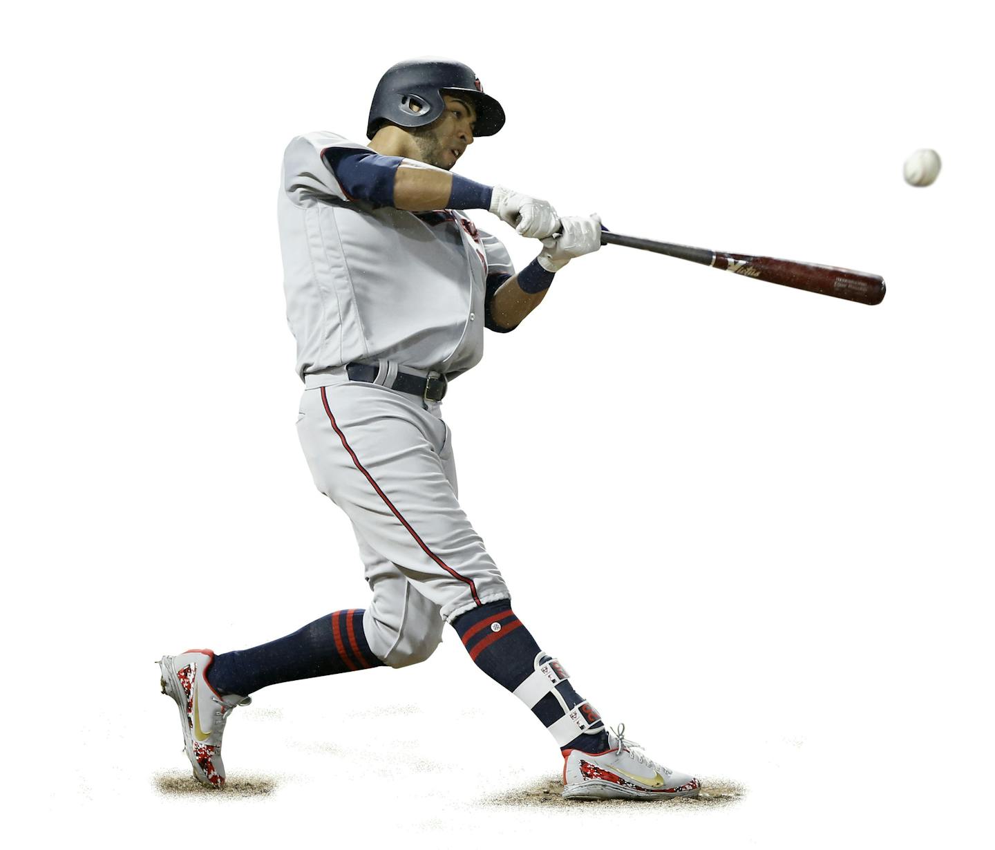 Minnesota Twins' Eddie Rosario hits a solo home run in front of Los Angeles Angels catcher Martin Maldonado during the sixth inning of a baseball game in Anaheim, Calif., Friday, May 11, 2018. (AP Photo/Alex Gallardo) ORG XMIT: MER3073b0ead4dccb0dfa76dcd7e8f90