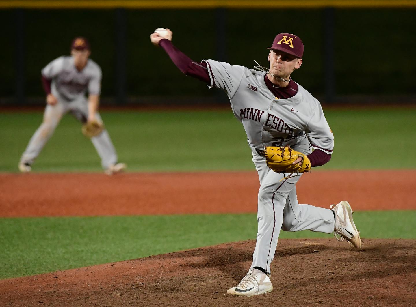 Minnesota ut Max Meyer (23) threw a pitch in the tenth inning early Sunday morning against UCLA. ] AARON LAVINSKY • aaron.lavinsky@startribune.com The University of Minnesota Golden Gophers baseball team played the UCLA Bruins in an NCAA tournament game on Saturday, June 2, 2018 at Siebert Stadium in Minneapolis, Minn.