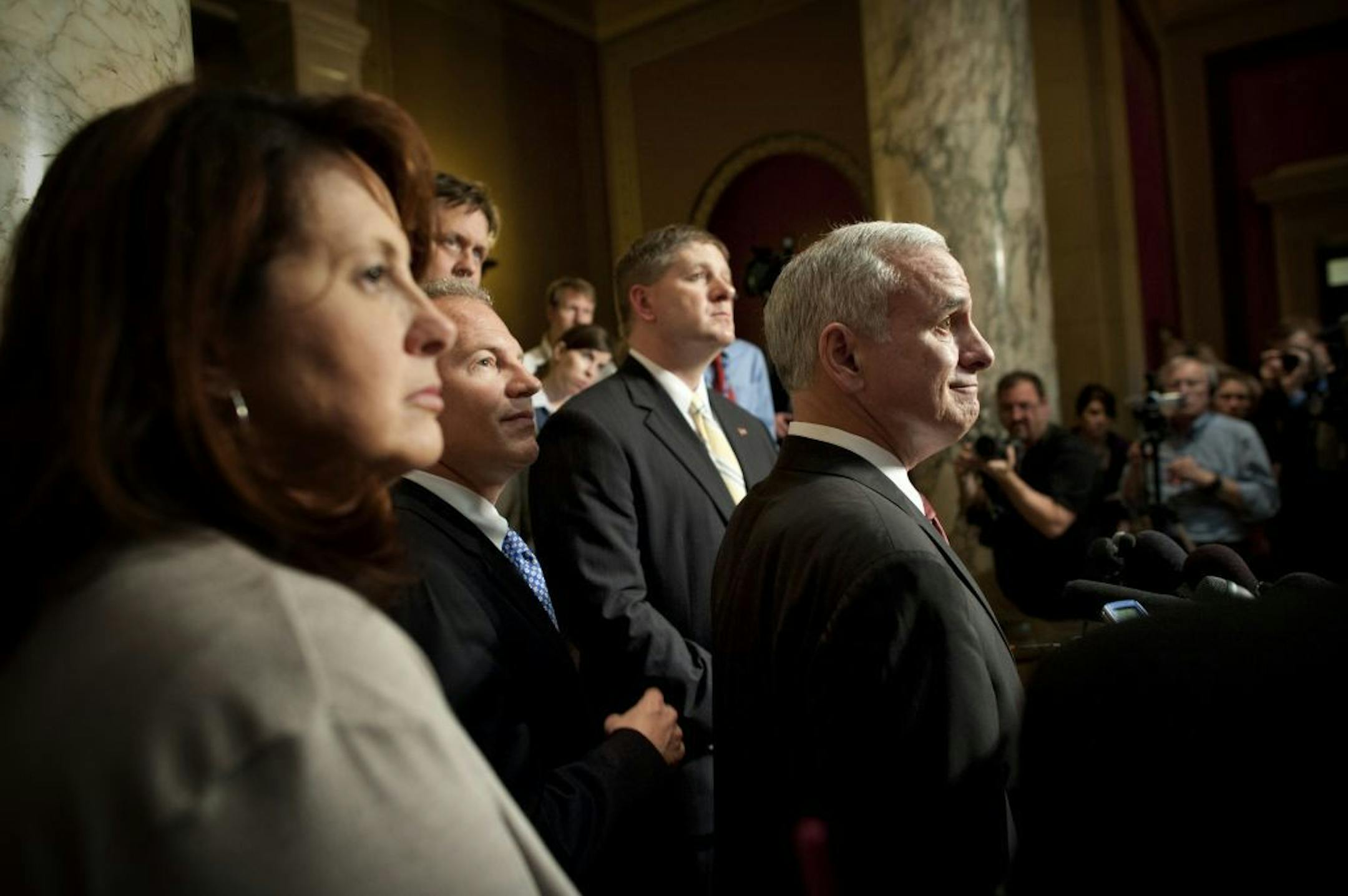 Governor Mark Dayton and GOP leadership spoke to the press after emerging from the GOP caucus. L to R majority leader Amy Koch, deputy majority leader Geoff Michel, house majority leader Matt Dean , house speaker Kurt Zellers, Governor Dayton.