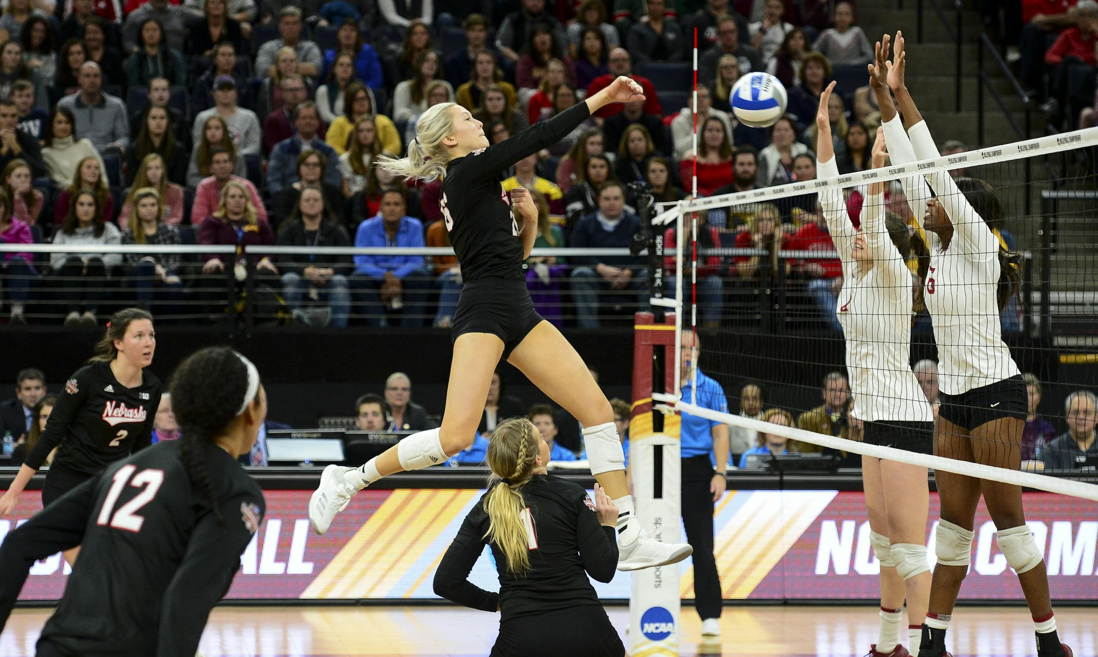 Nebraska middle blocker Lauren Stivrins (26) scored a point for a kill in the second set against Stanford. ] Aaron Lavinsky &#x2022; aaron.lavinsky@startribune.com Stanford played Nebraska in the NCAA DI Championship Volleyball match on Saturday, Dec. 15, 2018 at Target Center in Minneapolis, Minn.